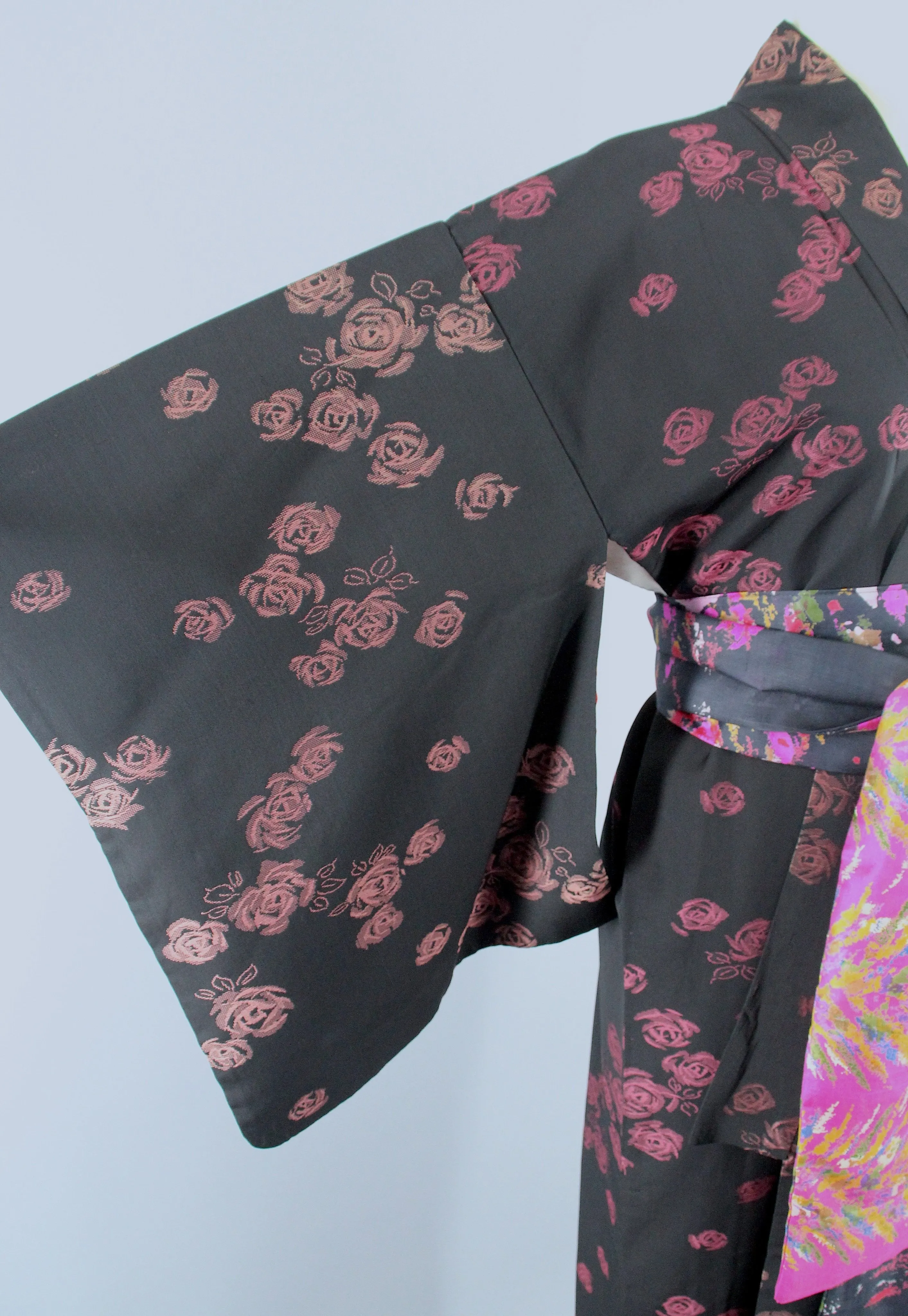 1940s Vintage Silk Kimono Robe / Black Omeshi Rose Floral