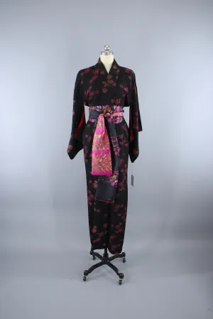 1940s Vintage Silk Kimono Robe / Black Omeshi Rose Floral