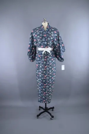 1960s Vintage Kimono Robe / WOOL Muslin / Blue & Pink Floral