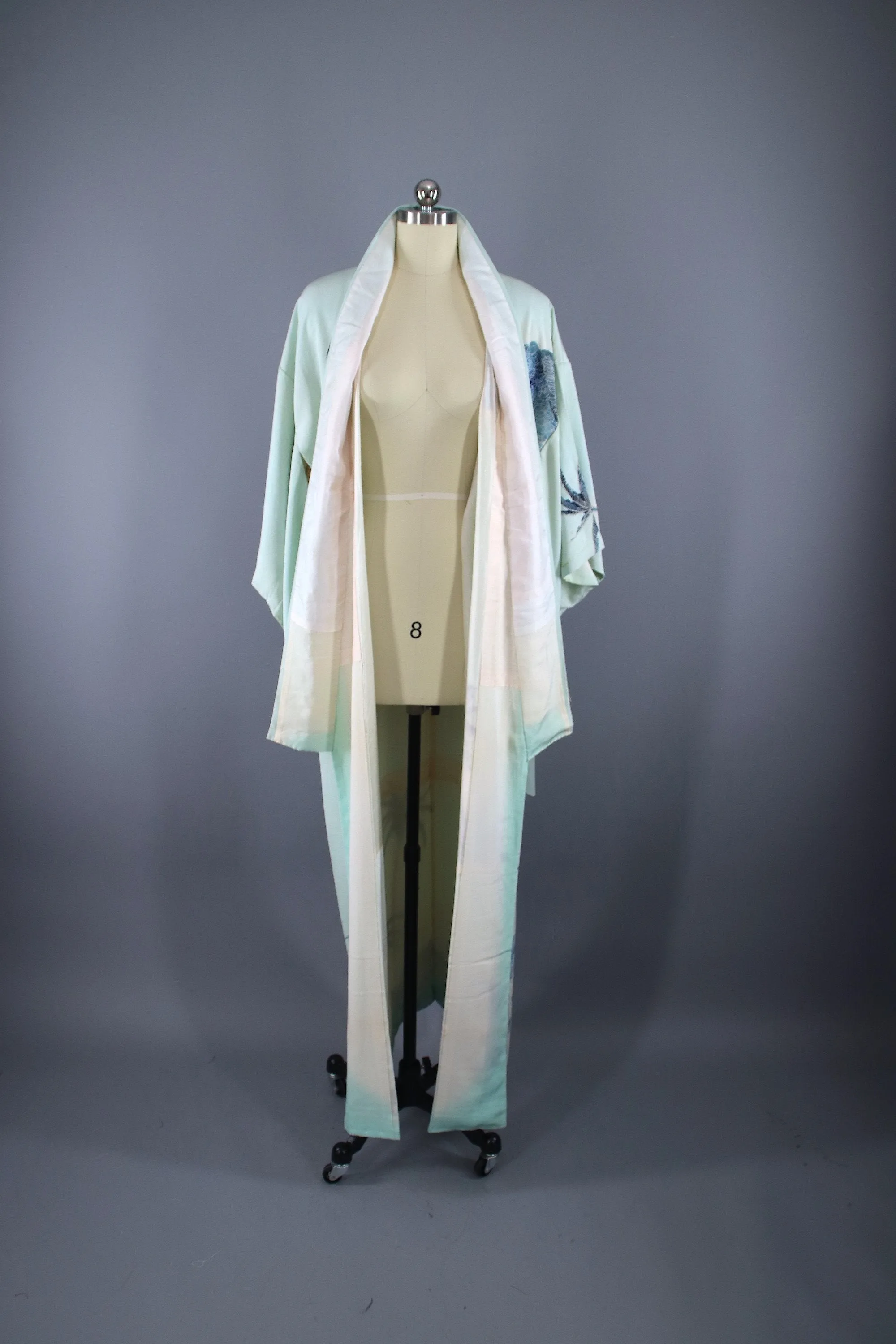 1960s Vintage Silk Kimono Robe / Blue PALM TREES