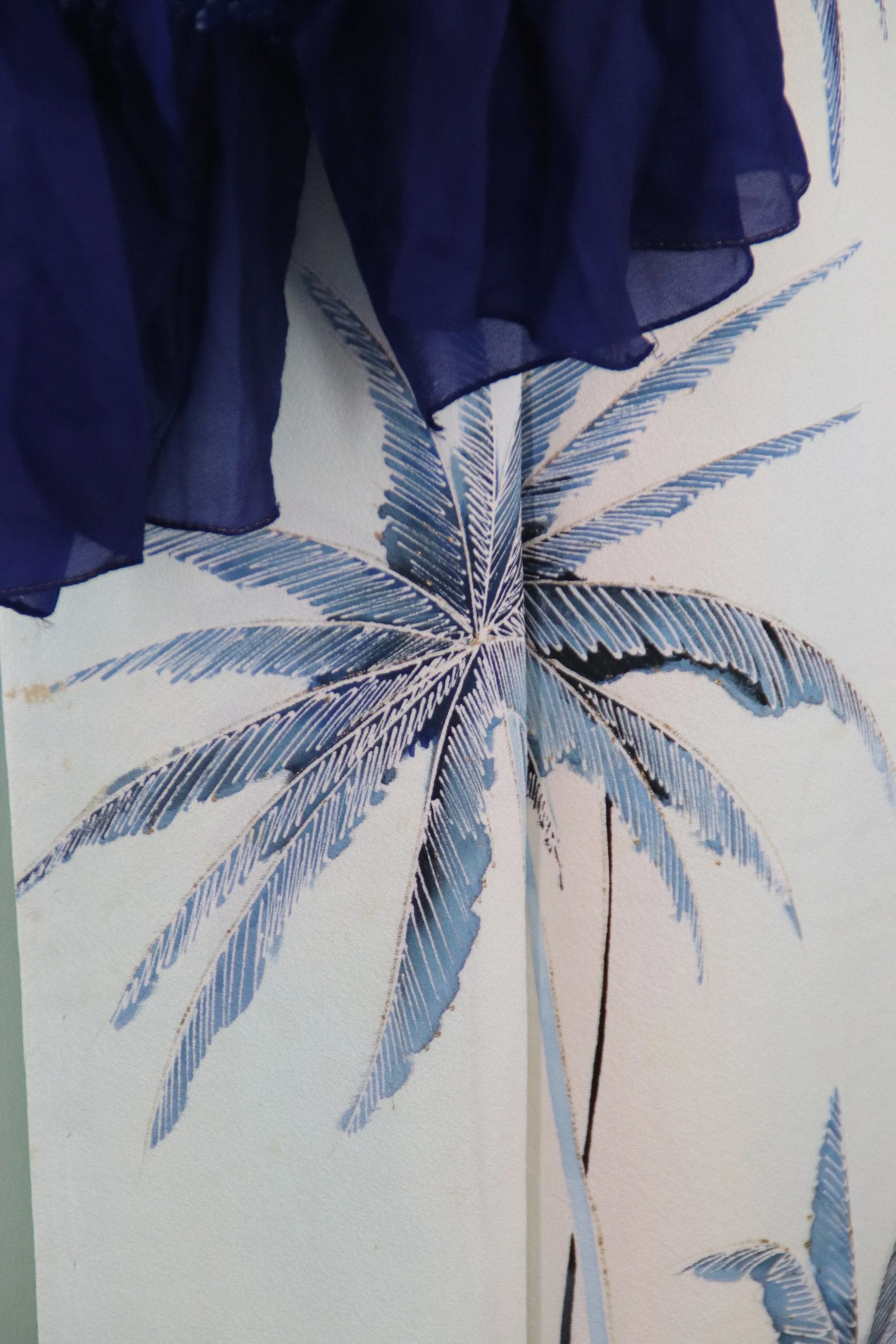 1960s Vintage Silk Kimono Robe / Blue PALM TREES