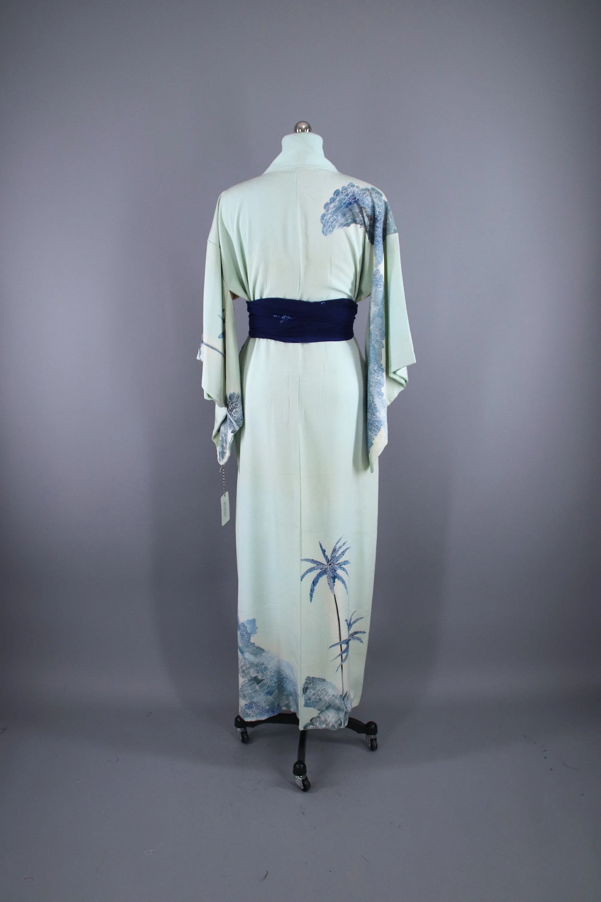 1960s Vintage Silk Kimono Robe / Blue PALM TREES