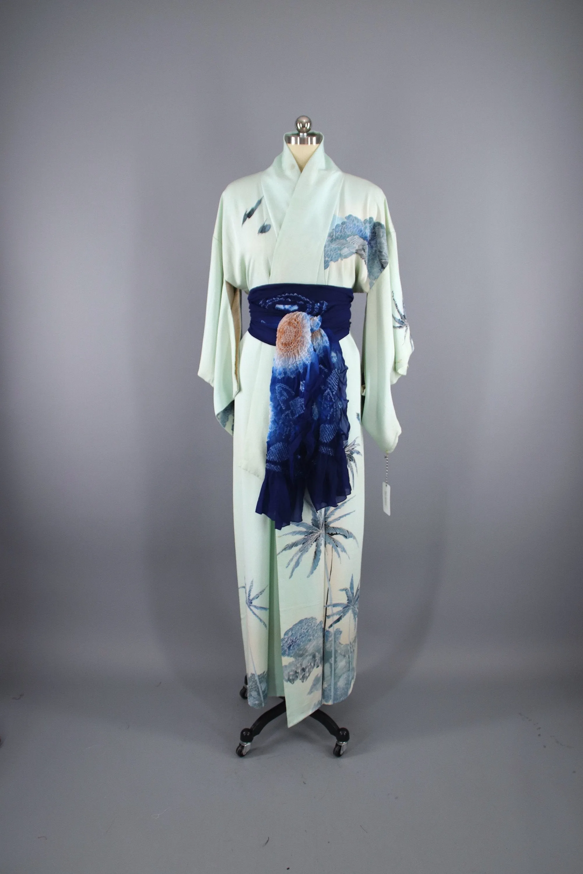 1960s Vintage Silk Kimono Robe / Blue PALM TREES