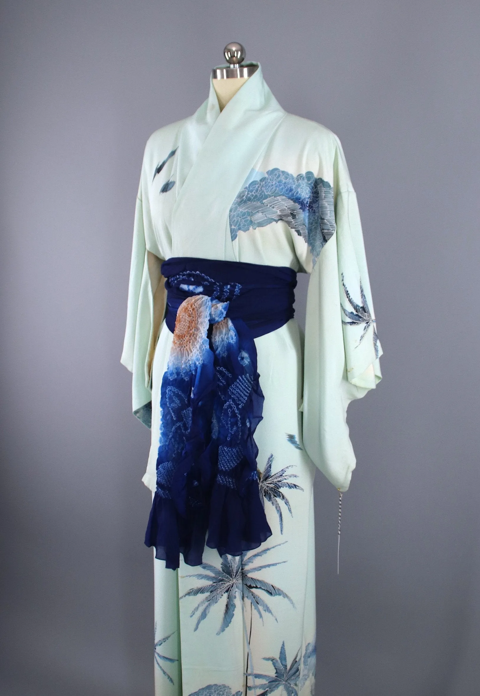 1960s Vintage Silk Kimono Robe / Blue PALM TREES