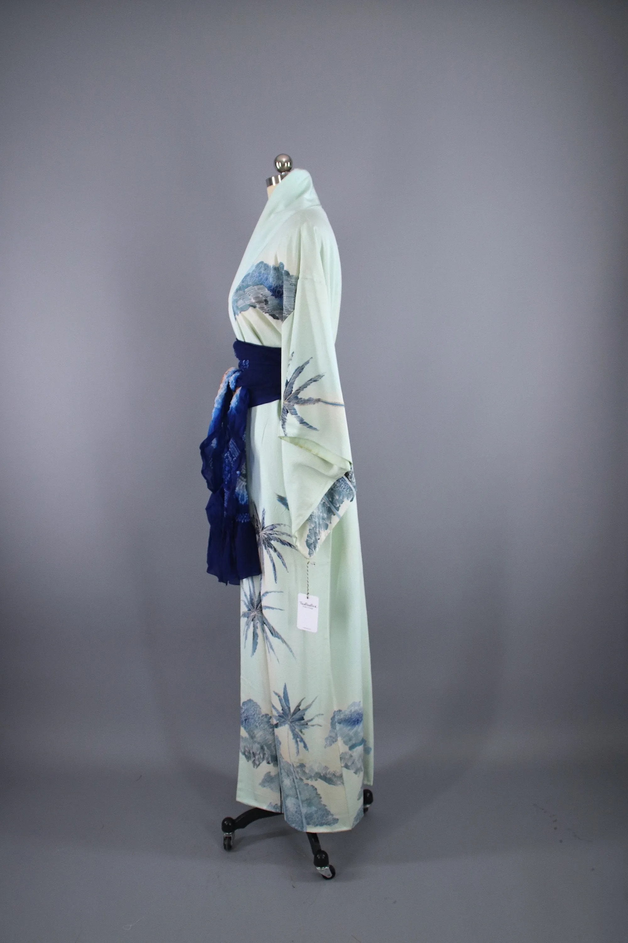 1960s Vintage Silk Kimono Robe / Blue PALM TREES