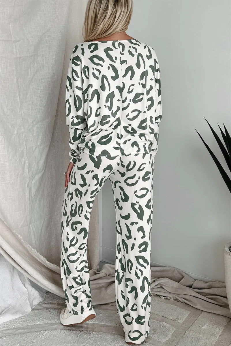 Animal Leopard Sage Print Long Sleeve Loungewear Set