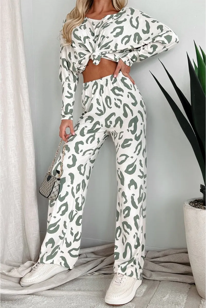 Animal Leopard Sage Print Long Sleeve Loungewear Set