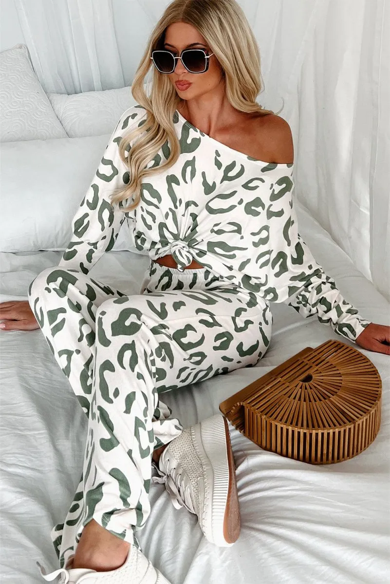 Animal Leopard Sage Print Long Sleeve Loungewear Set