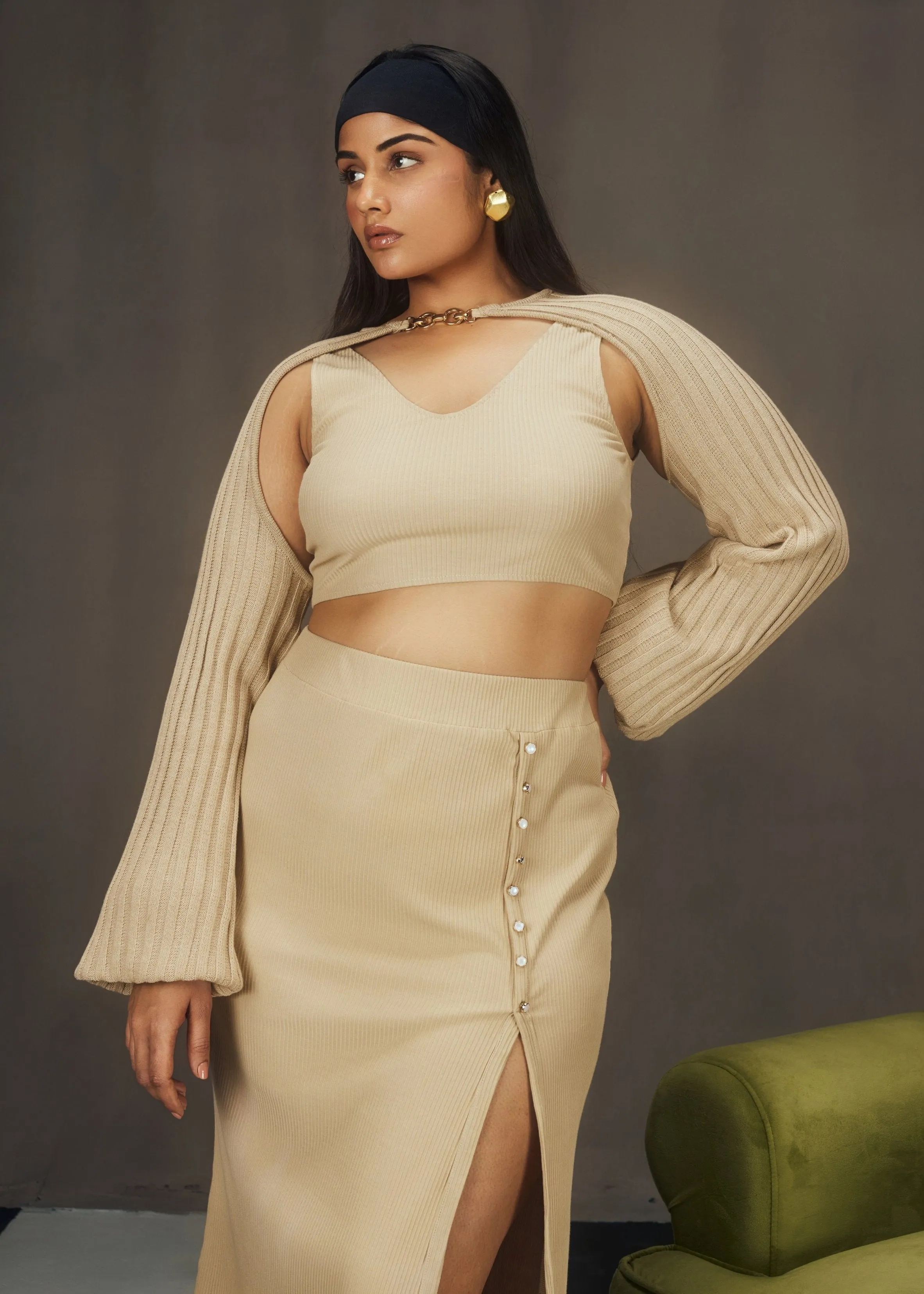 Anisa Beige Rib and Knit Lounge Coord Set