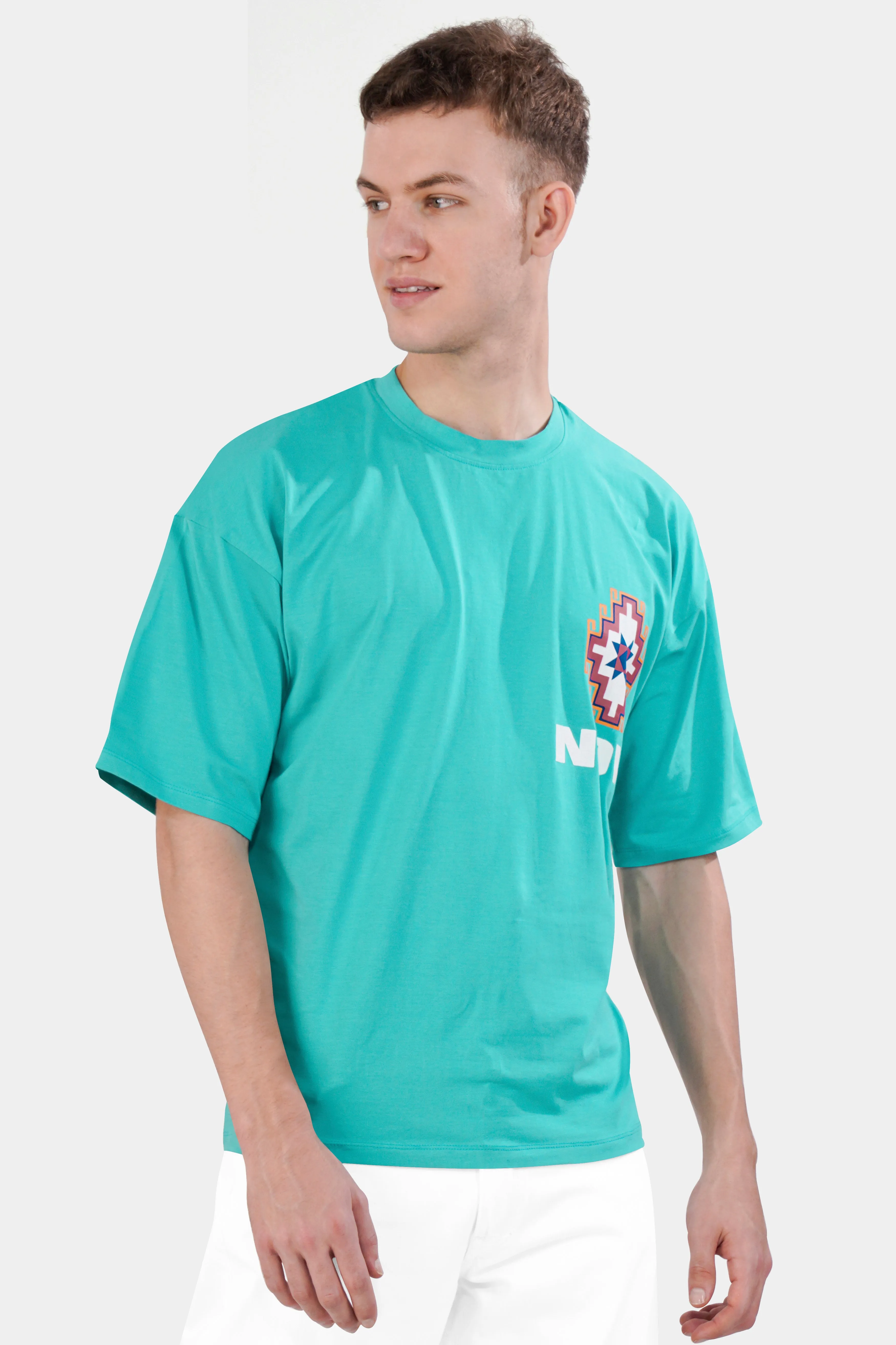 Aqua Blue Printed Premium Cotton Oversized T-shirt