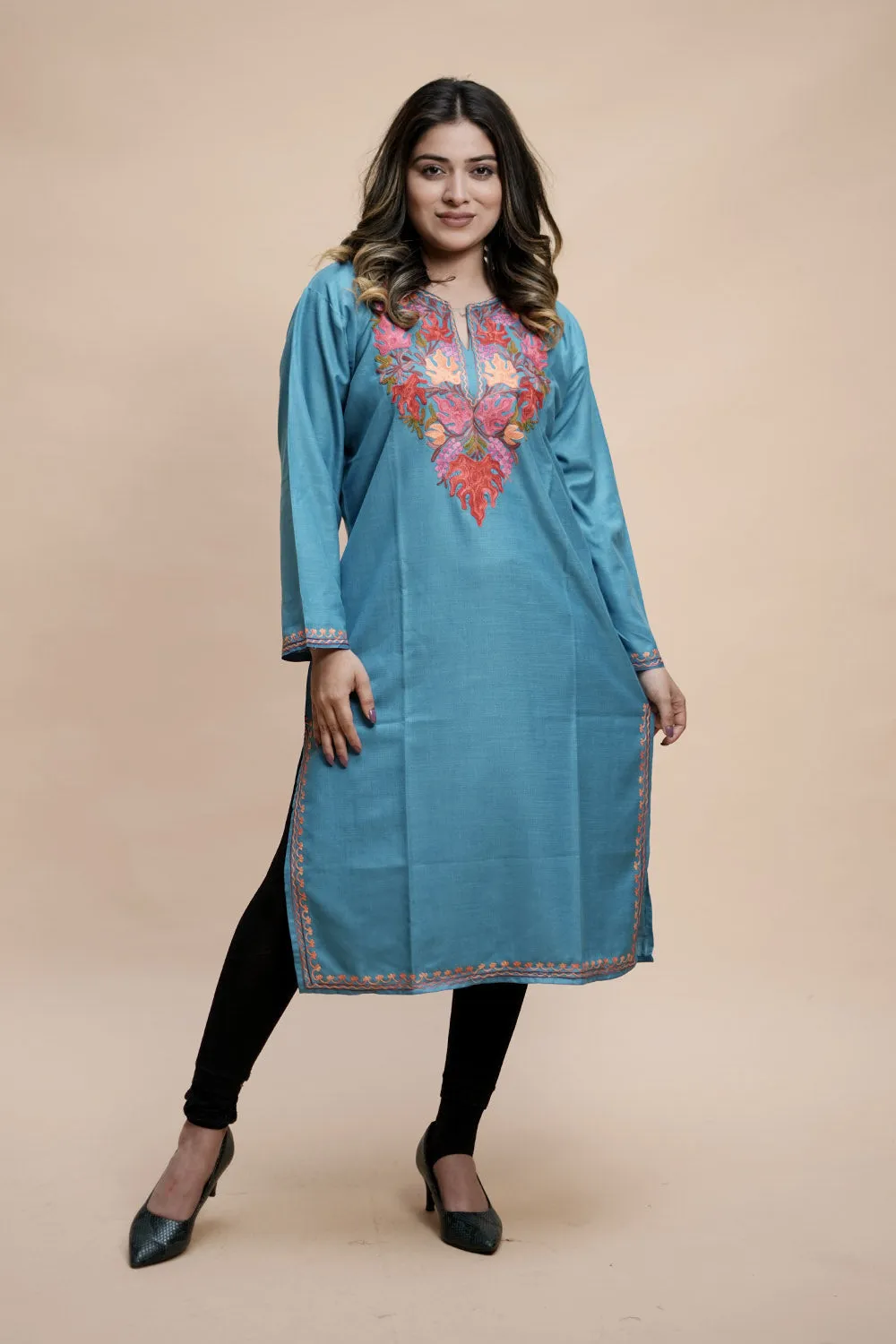 Blue Colour Cotton Kurti With Kashmiri Motifs With Latest Fashion Trend.