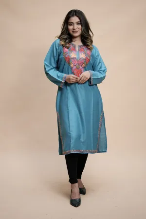 Blue Colour Cotton Kurti With Kashmiri Motifs With Latest Fashion Trend.