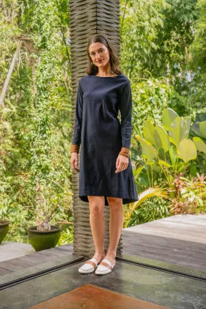 Boatneck Ponte Long Sleeve Dress in Navy