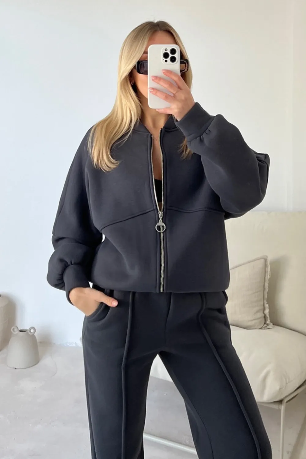 Camille steel grey bomber jacket and straight leg jogger loungewear