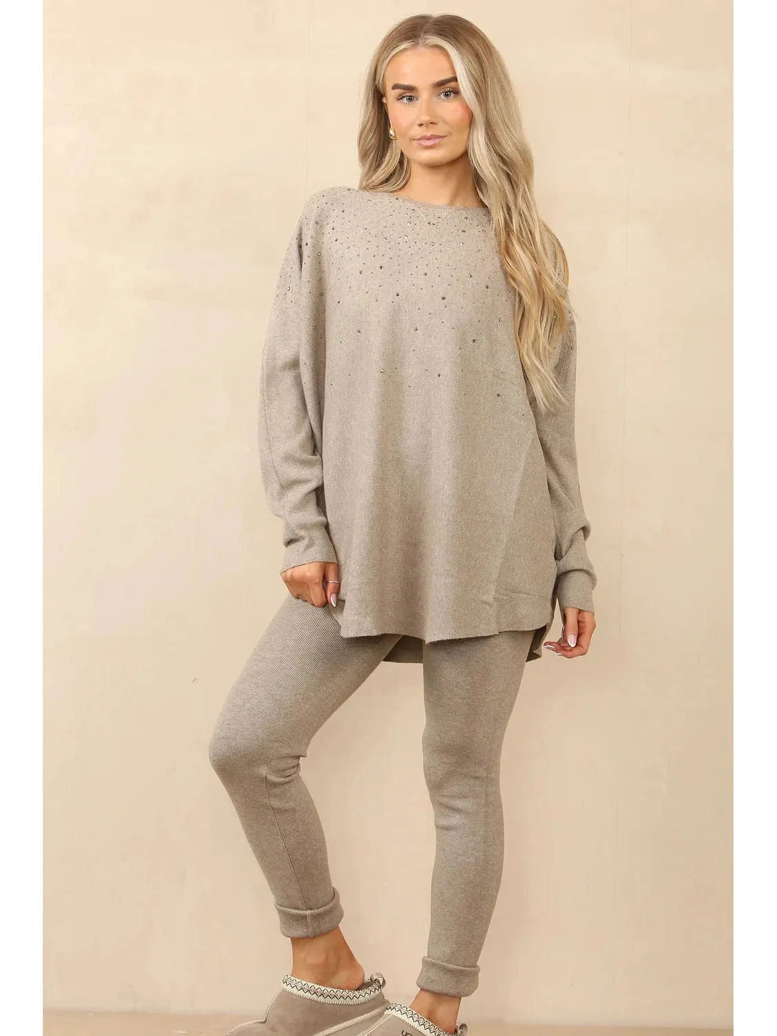 Diamond Detail  Knitted Women's Loungewear  2 Piece Outfit Set