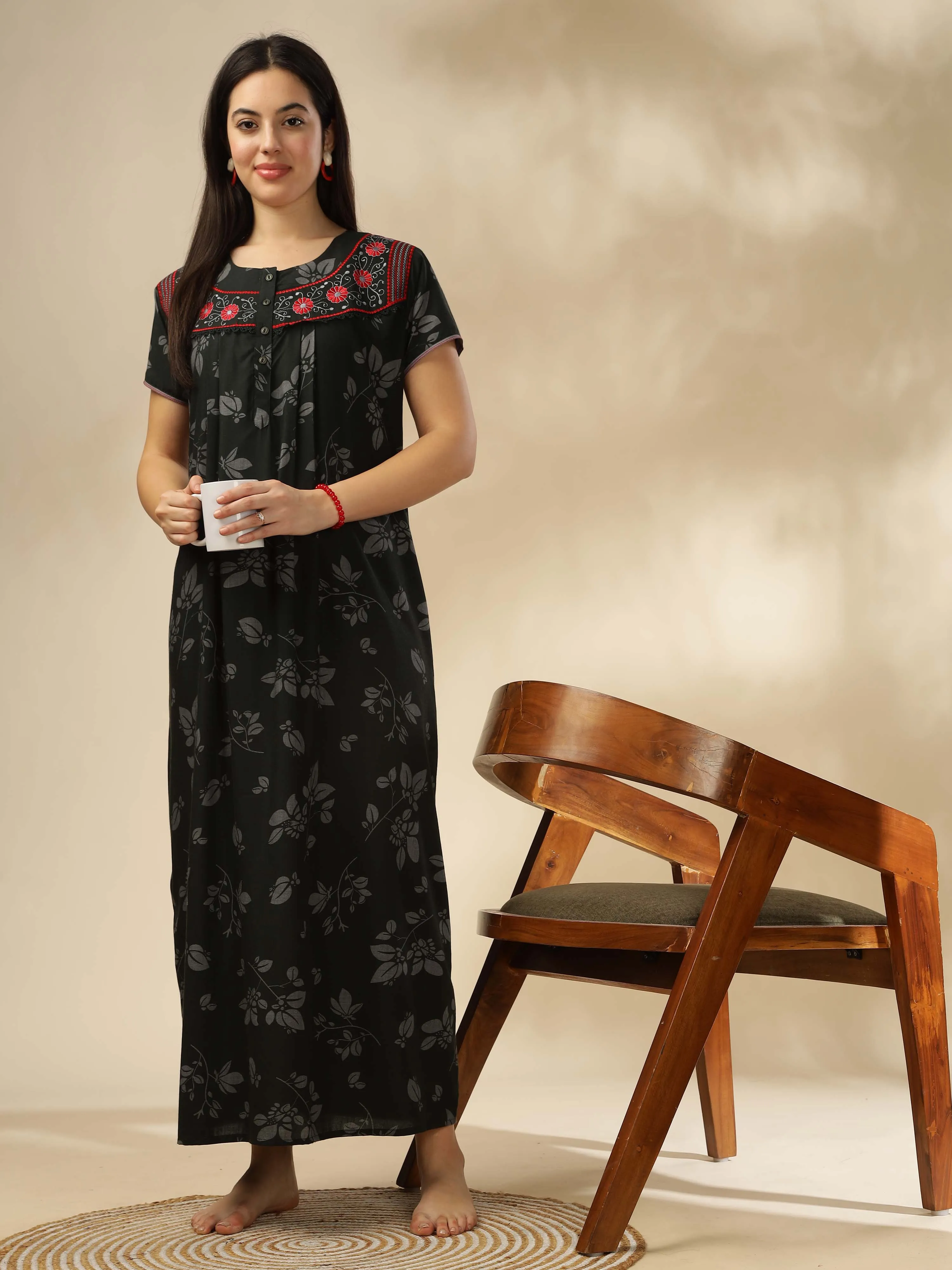 Elegant Green Nighty with Floral Print & Embroidery