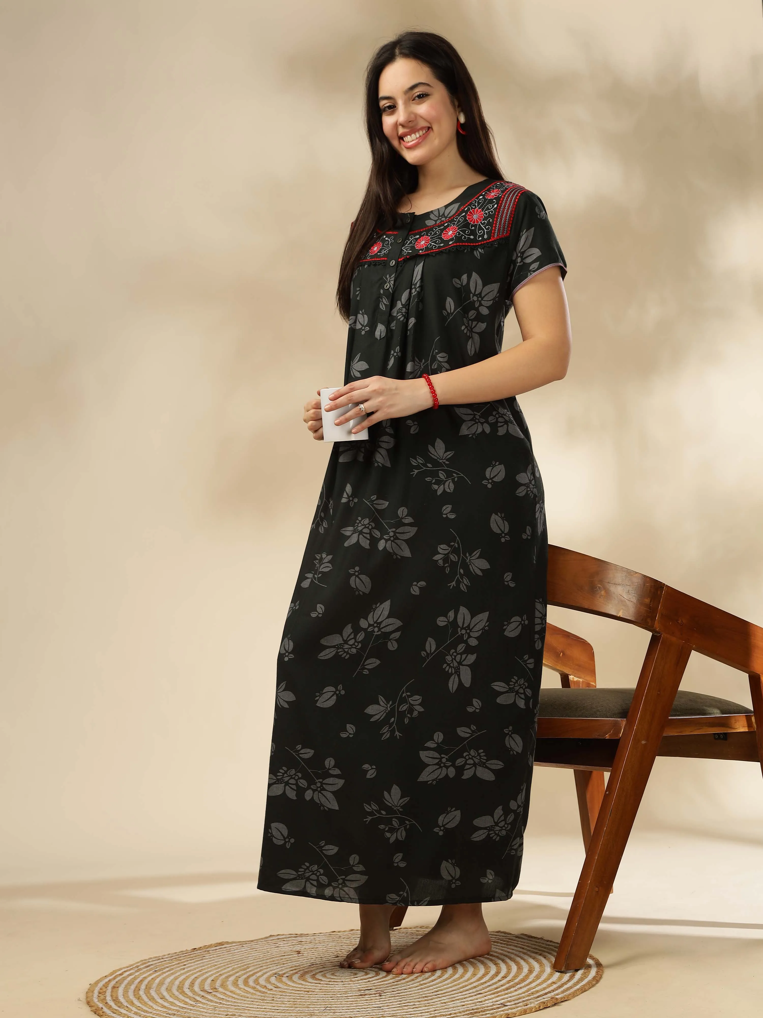 Elegant Green Nighty with Floral Print & Embroidery