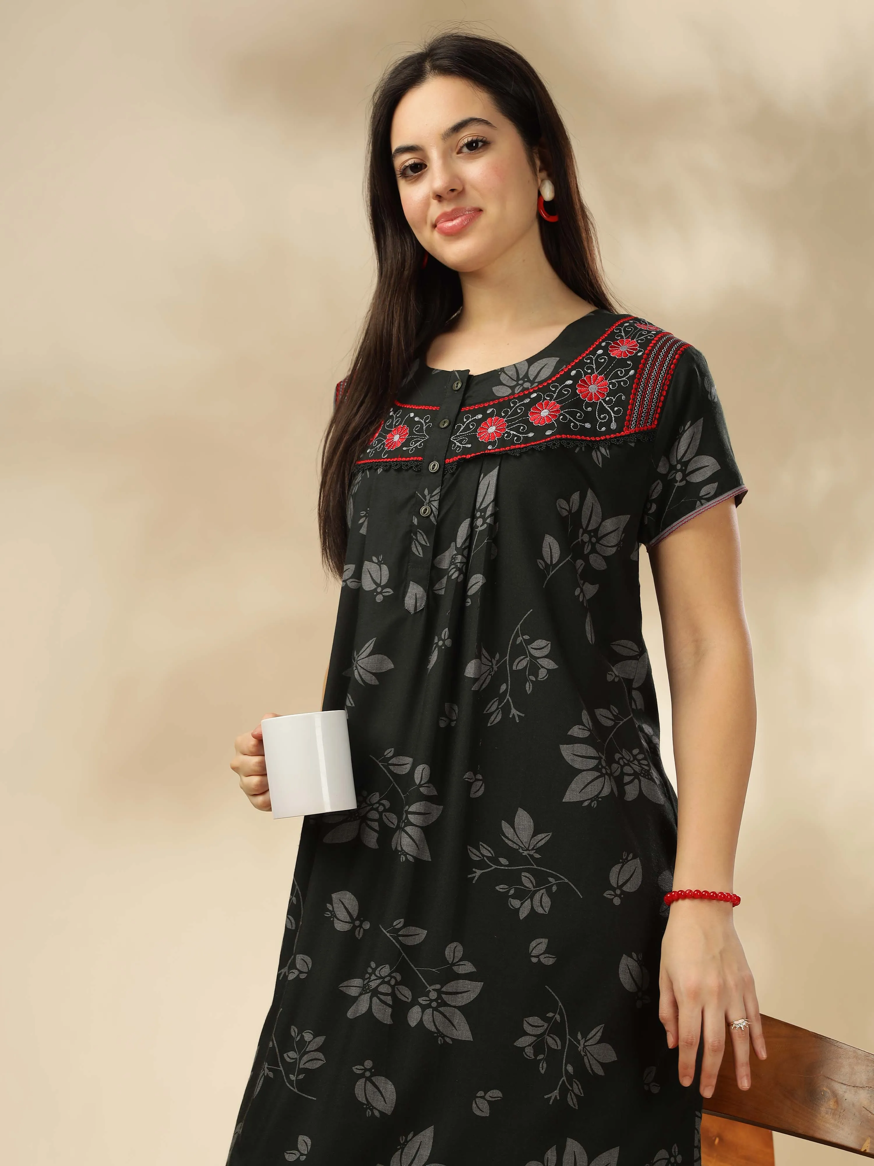 Elegant Green Nighty with Floral Print & Embroidery