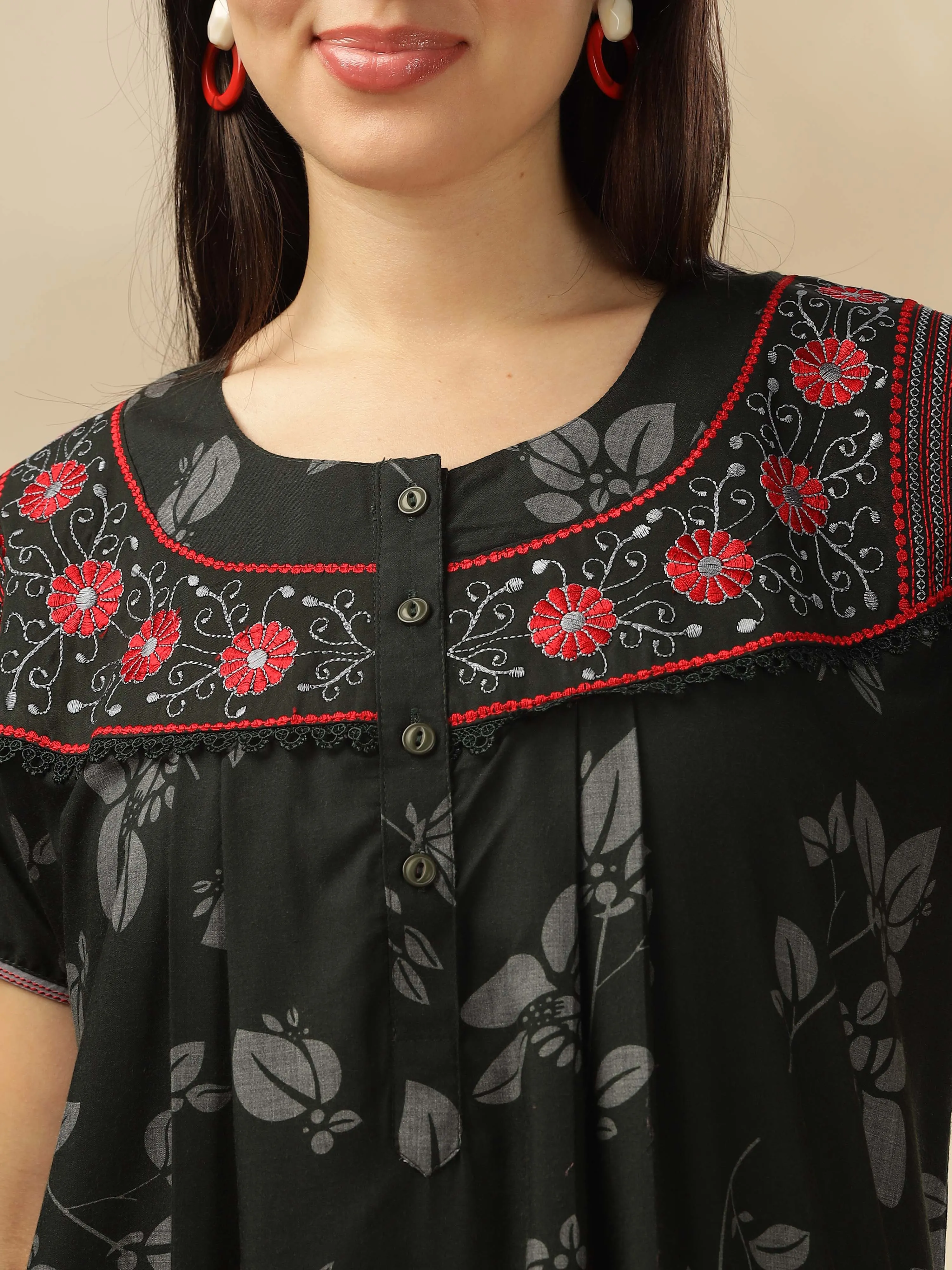 Elegant Green Nighty with Floral Print & Embroidery