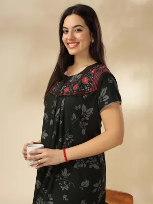 Elegant Green Nighty with Floral Print & Embroidery