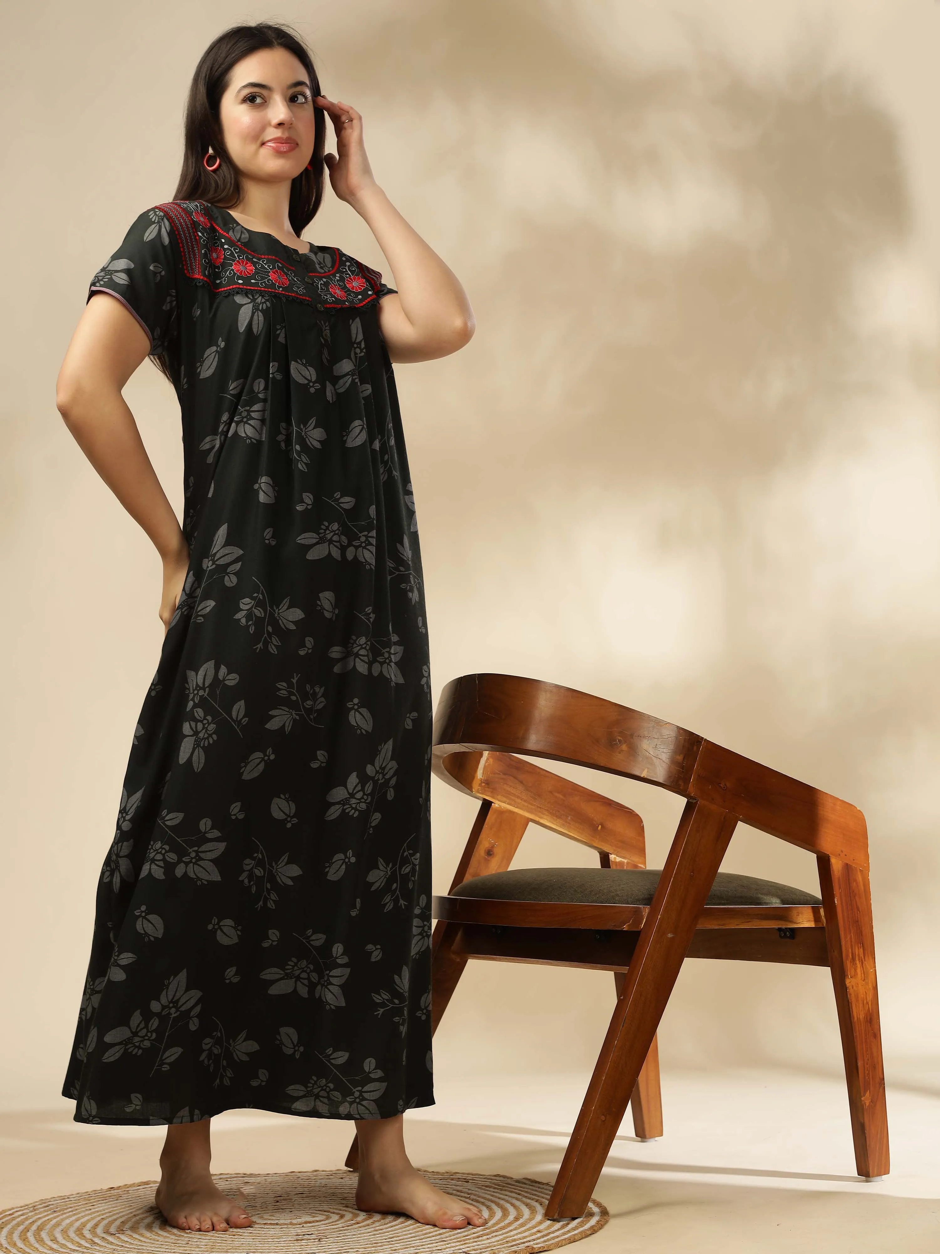 Elegant Green Nighty with Floral Print & Embroidery