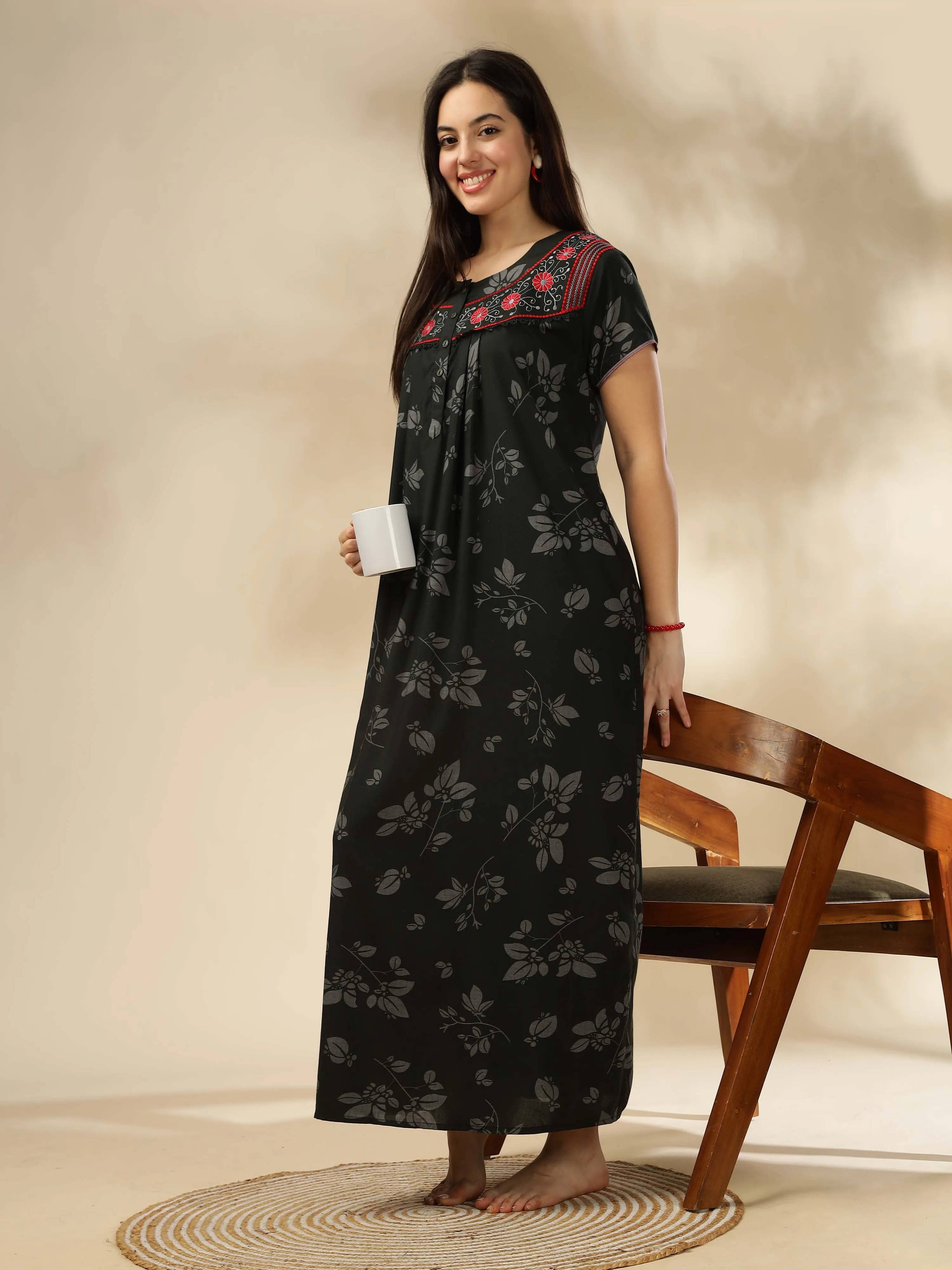 Elegant Green Nighty with Floral Print & Embroidery