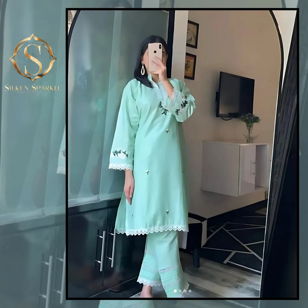 Elegant Mint Green Embroidered Loungewear Set – Silken Sparkle