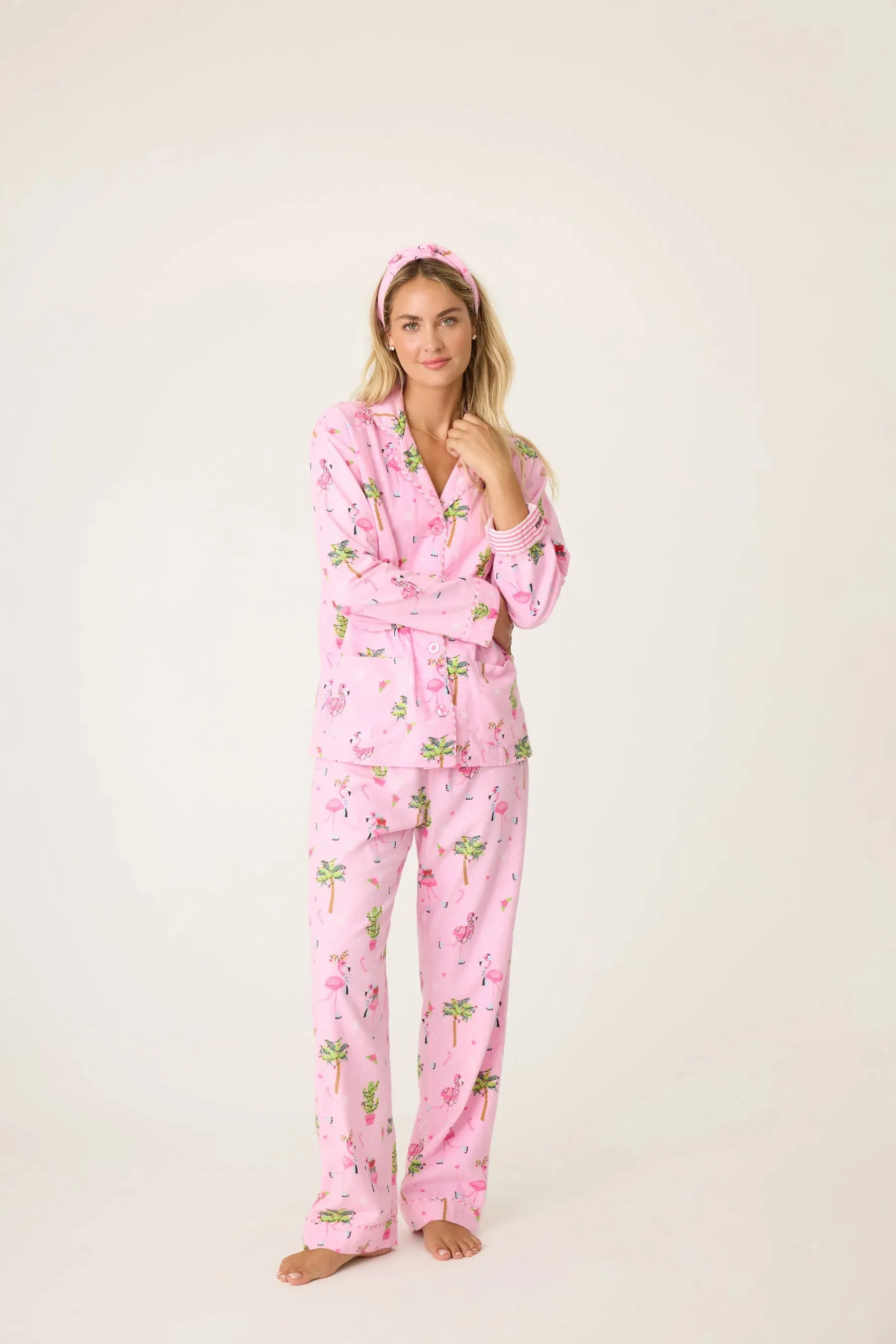 Flannel Long PJ Set w/ Headband in Pink Flamingos