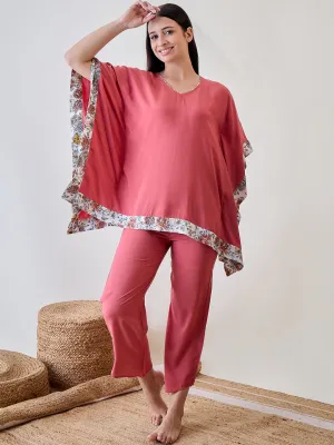 Floral Bordered Pink Soft Modal Lounge Set