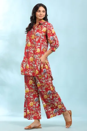 Floral Print Red Collared Cotton Palazzo Loungewear Set