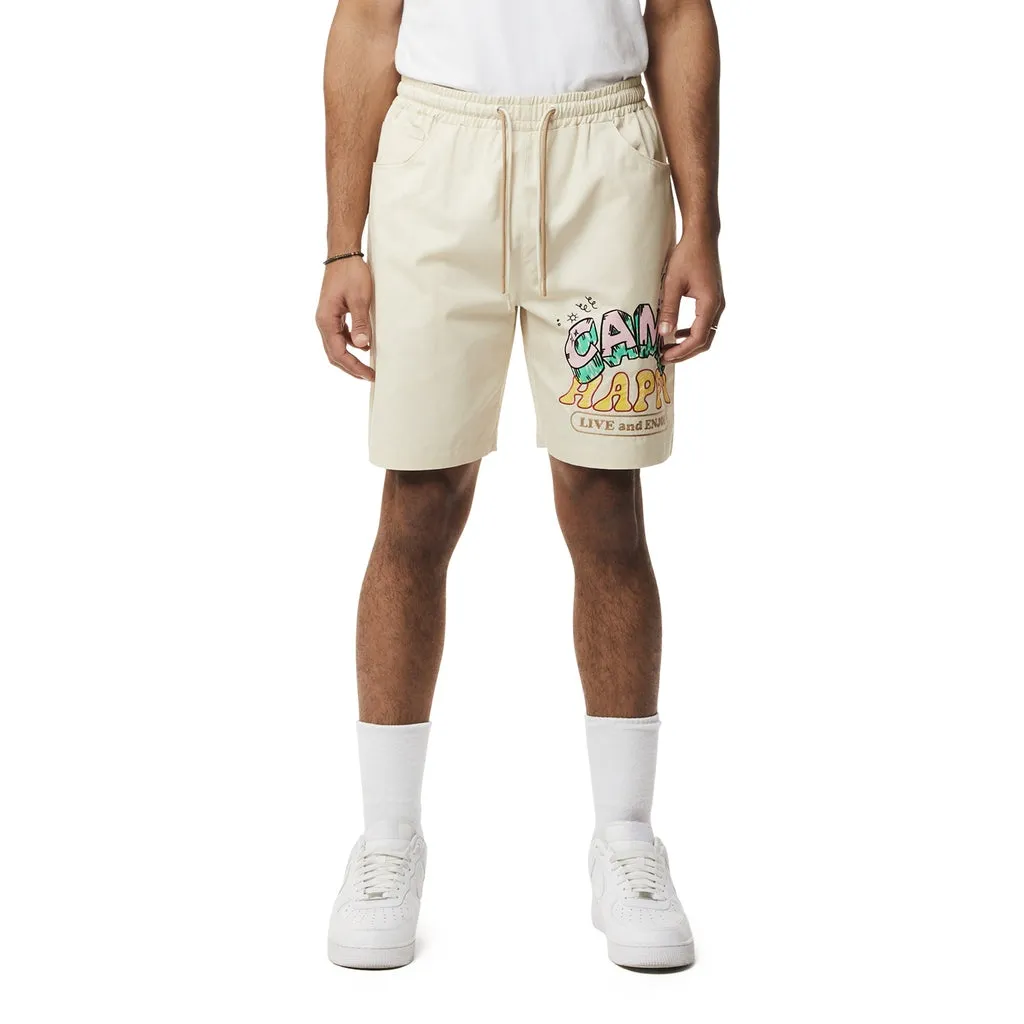 Fun Graphic Polished Twill Shorts - Ecru