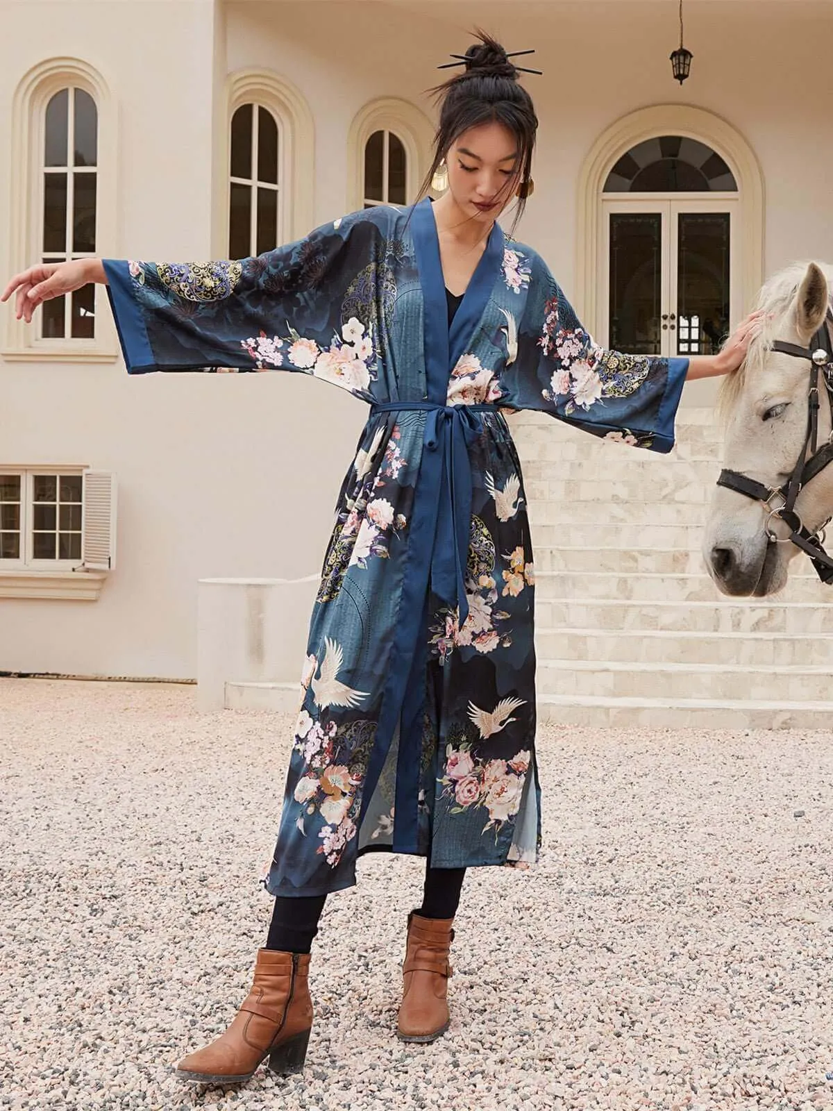 Garden Crane Blue Kimono Robe