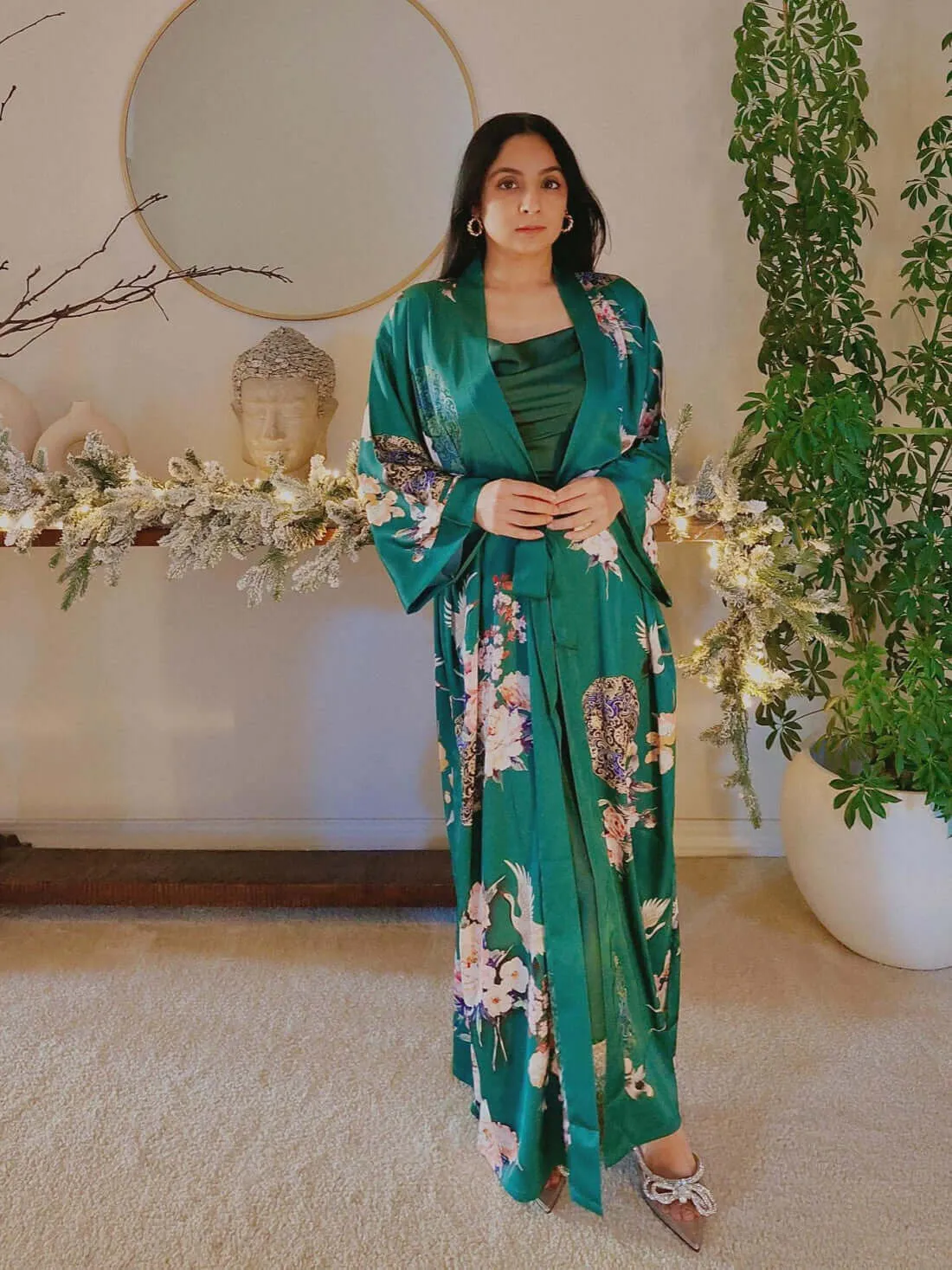 Garden Crane Green Kimono Robe