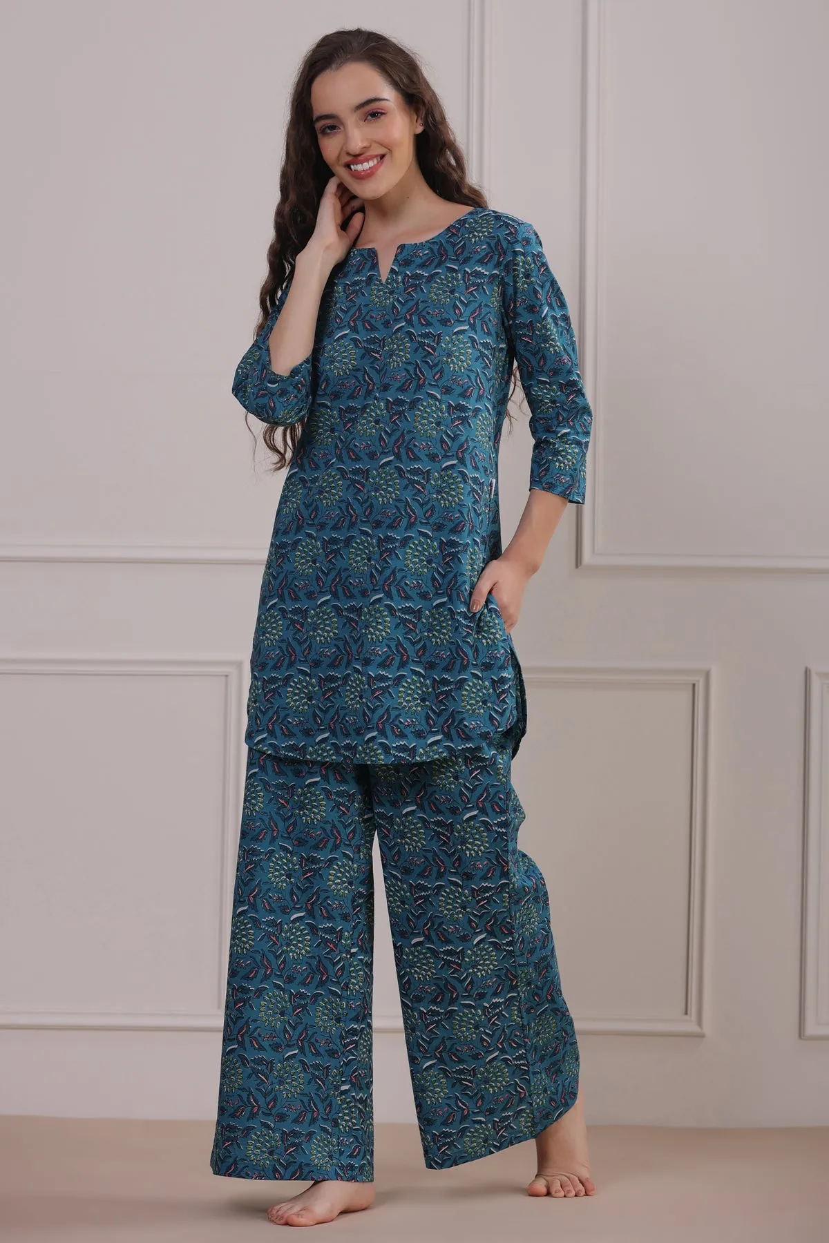 Gardenia On Blue Cotton Palazzo Loungewear Set