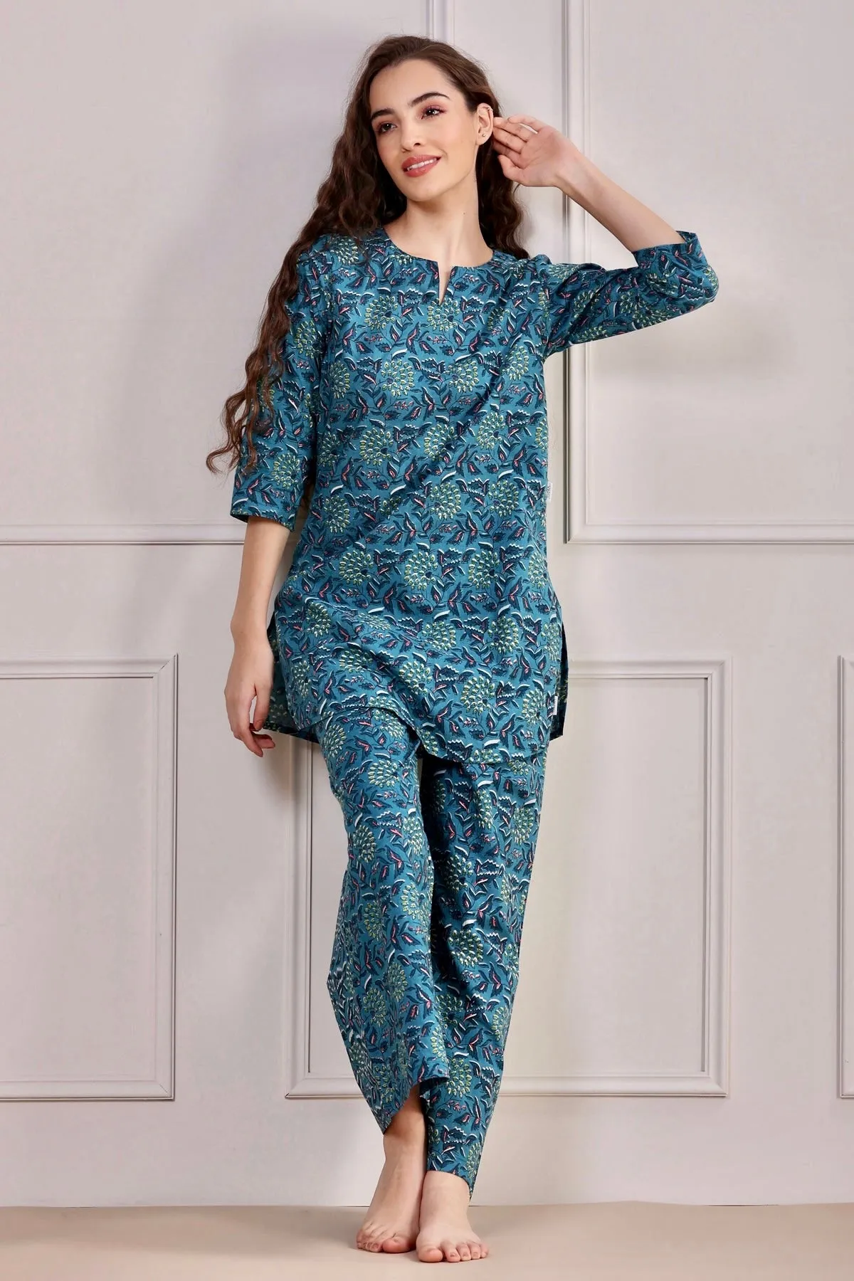 Gardenia On Blue Cotton Palazzo Loungewear Set