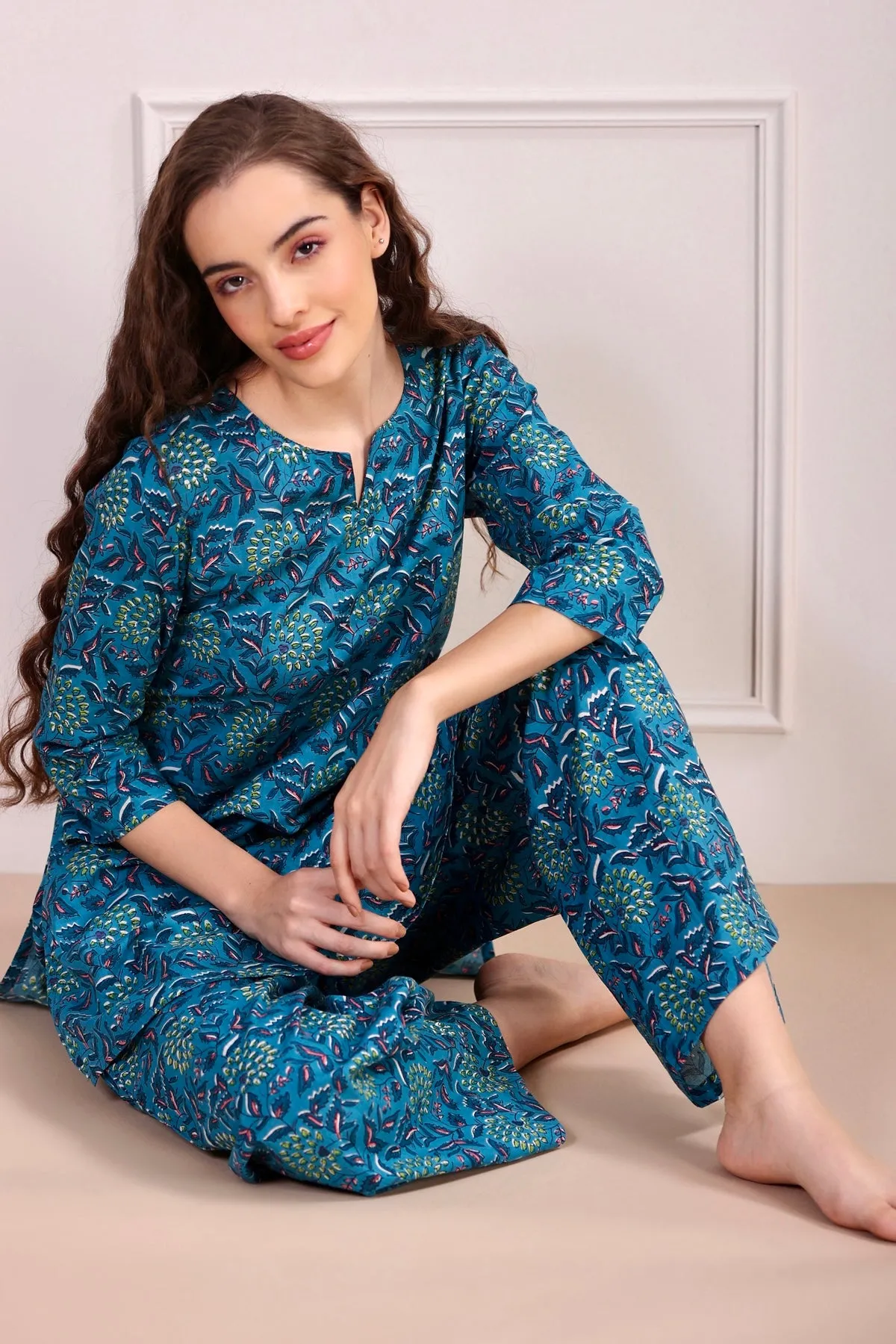 Gardenia On Blue Cotton Palazzo Loungewear Set