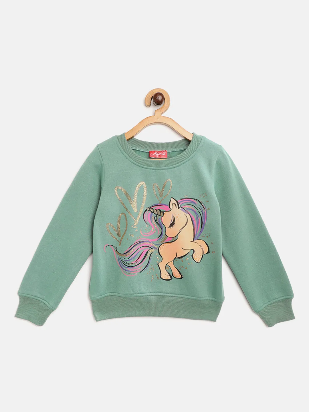 Girls Green Unicorn Printed Sweatshirt