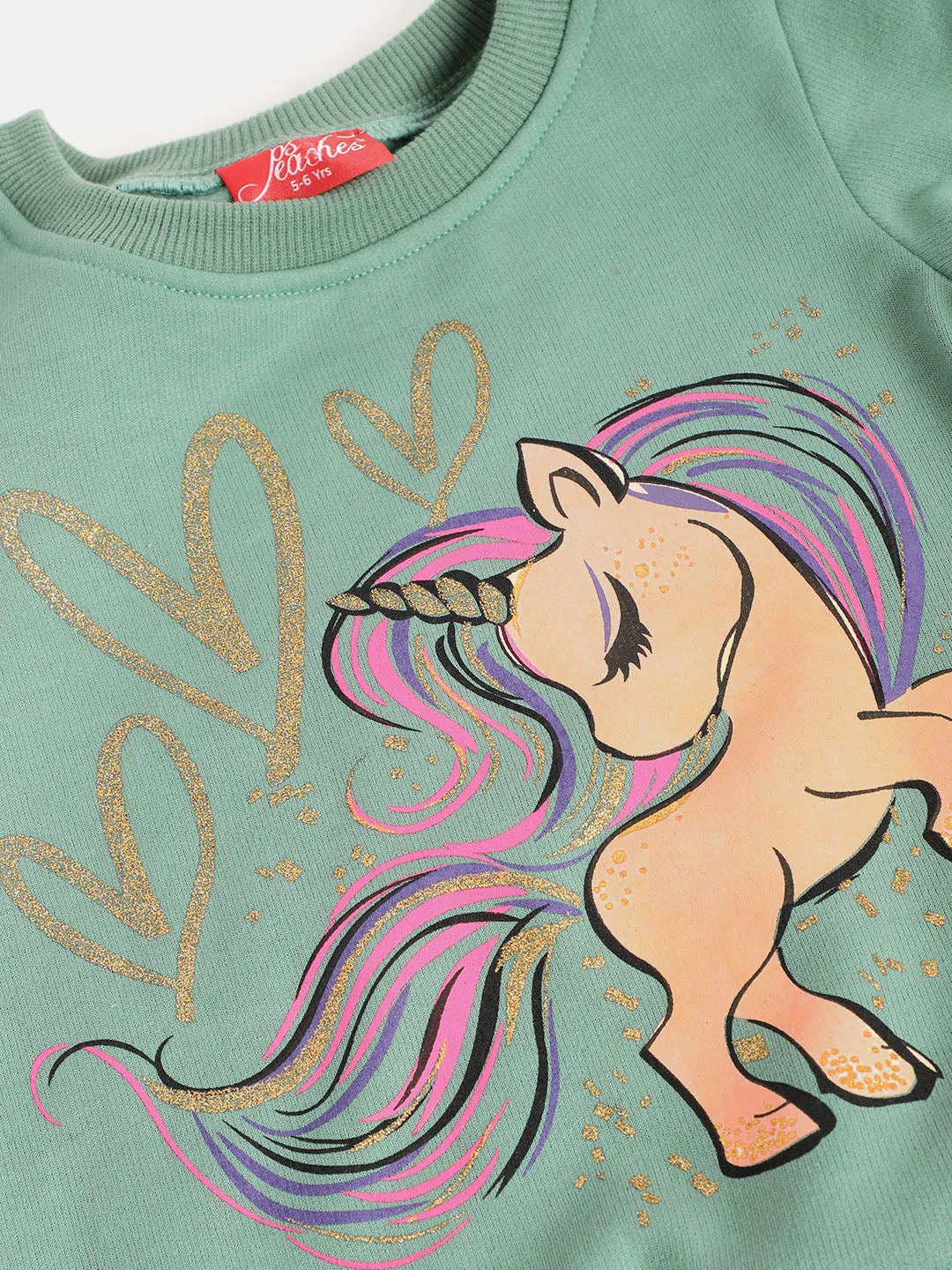 Girls Green Unicorn Printed Sweatshirt