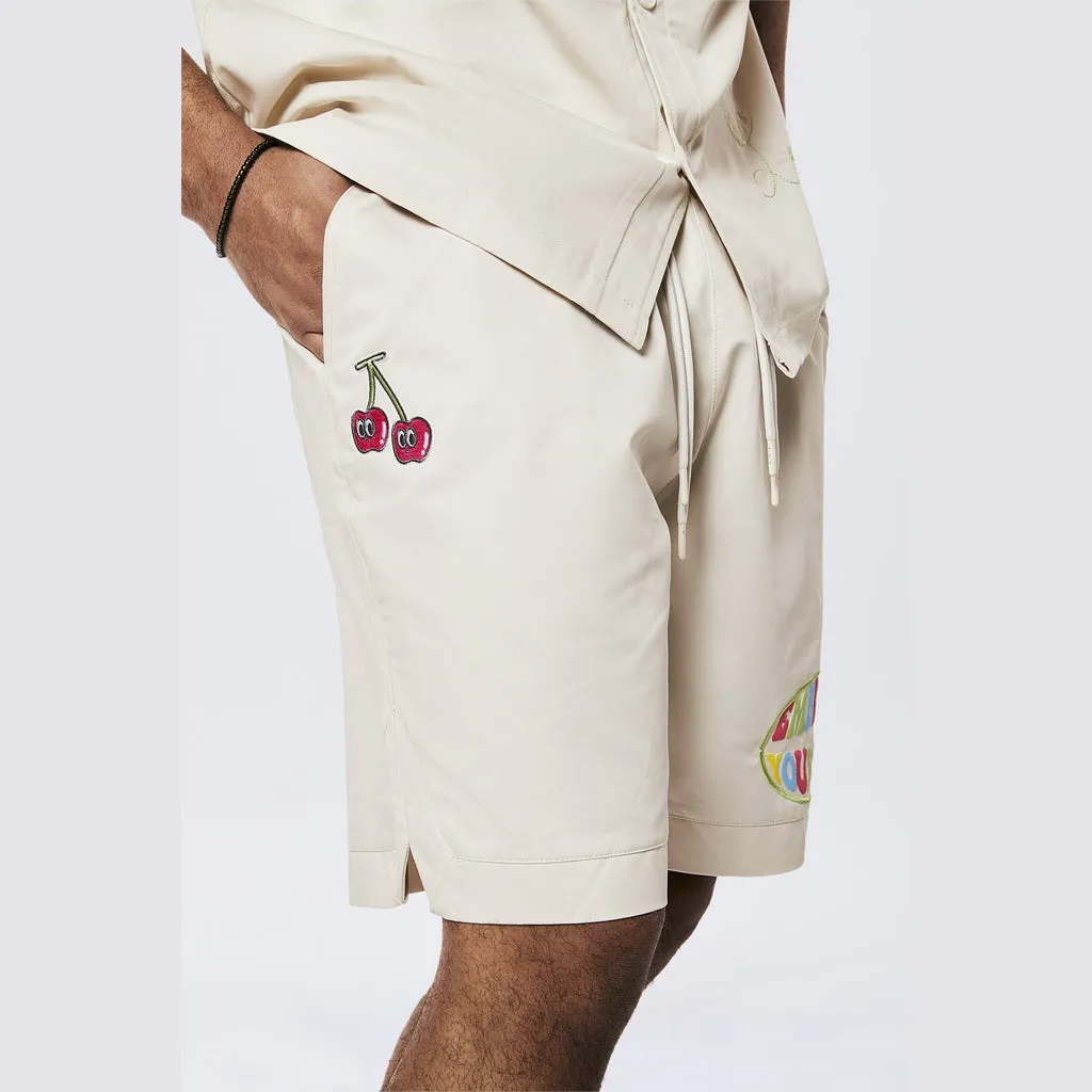 Graphic Heavy Textured Twill Shorts - Chalk