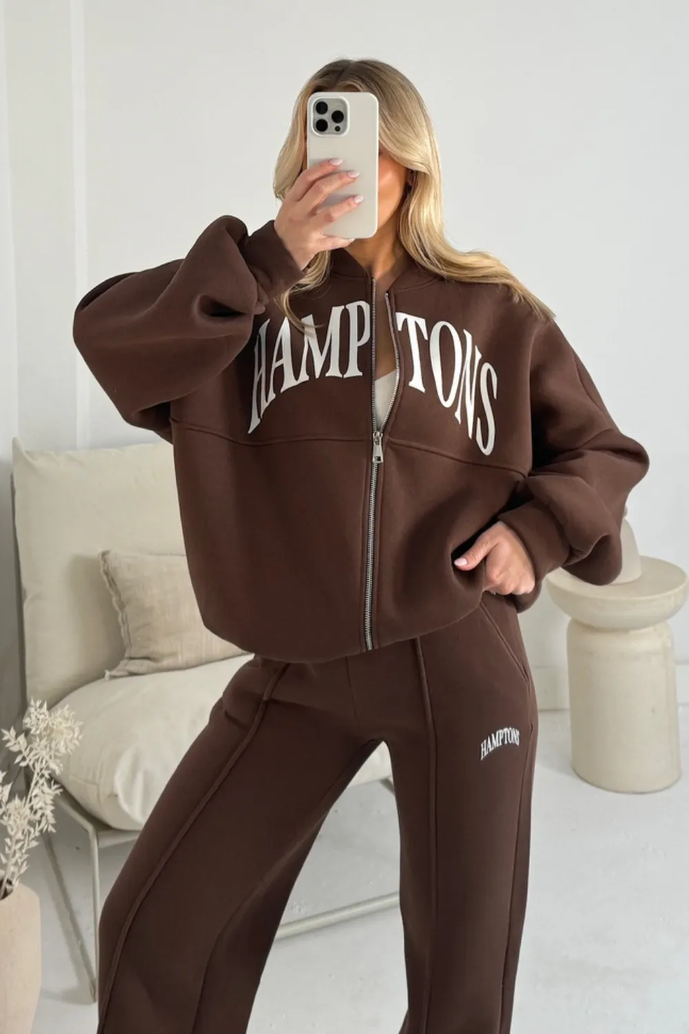 Hamptons chocolate printed bomber jacket and straight leg jogger