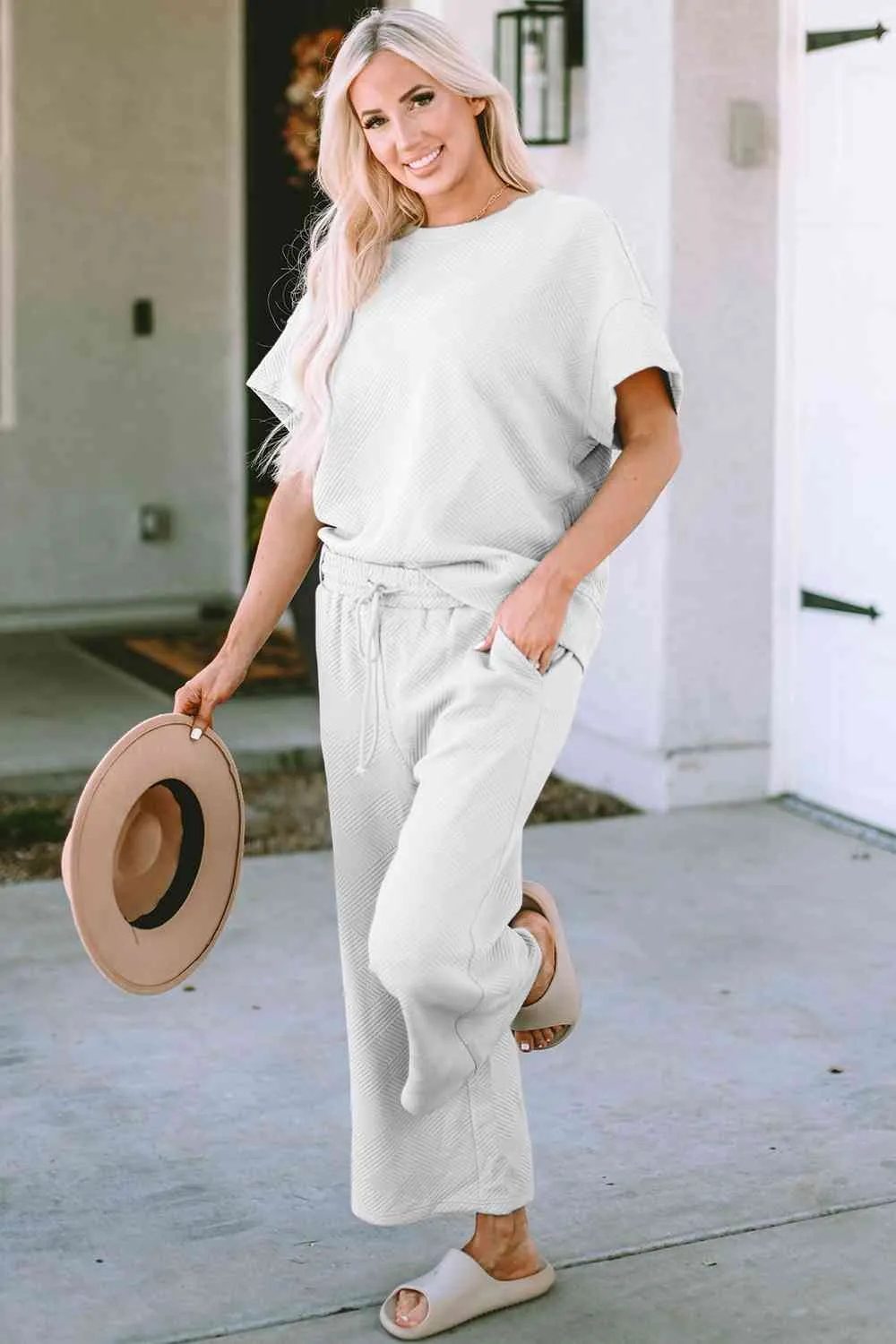 Incredible Textured Short Sleeve Top and Pants Set