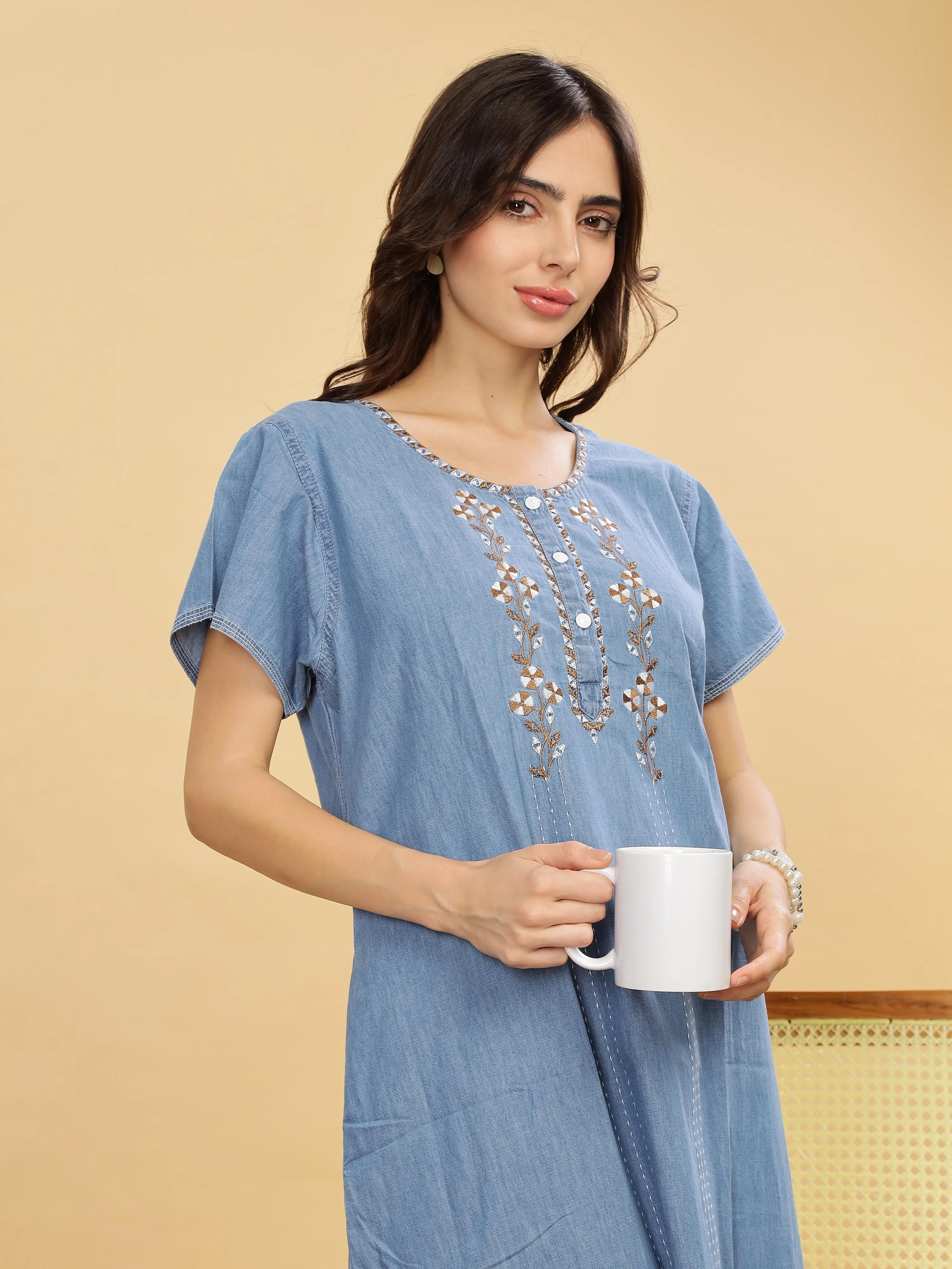 Intricate Embroidery Sky Blue Nighty - Luxurious Cotton Lounge Wear