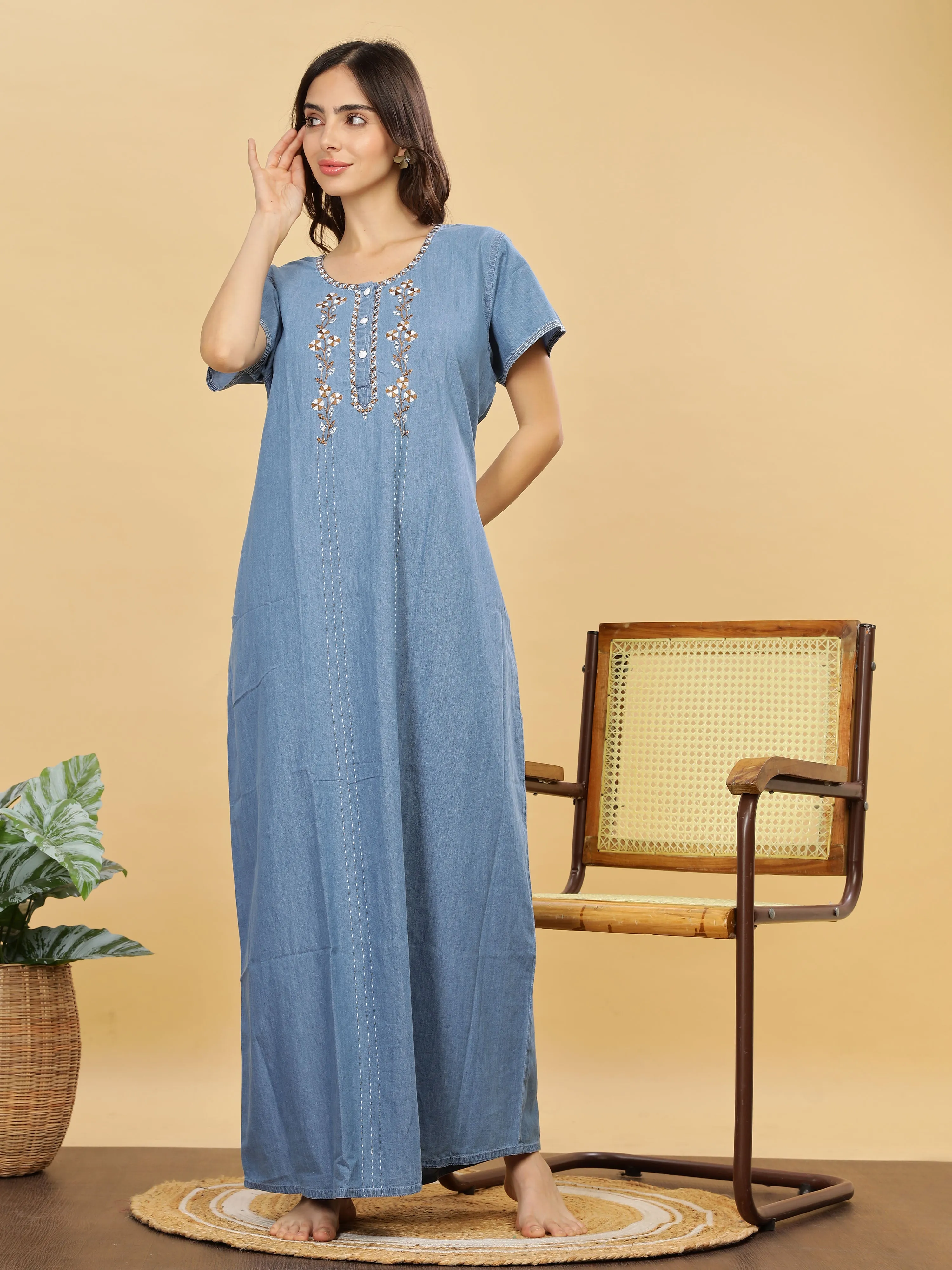 Intricate Embroidery Sky Blue Nighty - Luxurious Cotton Lounge Wear