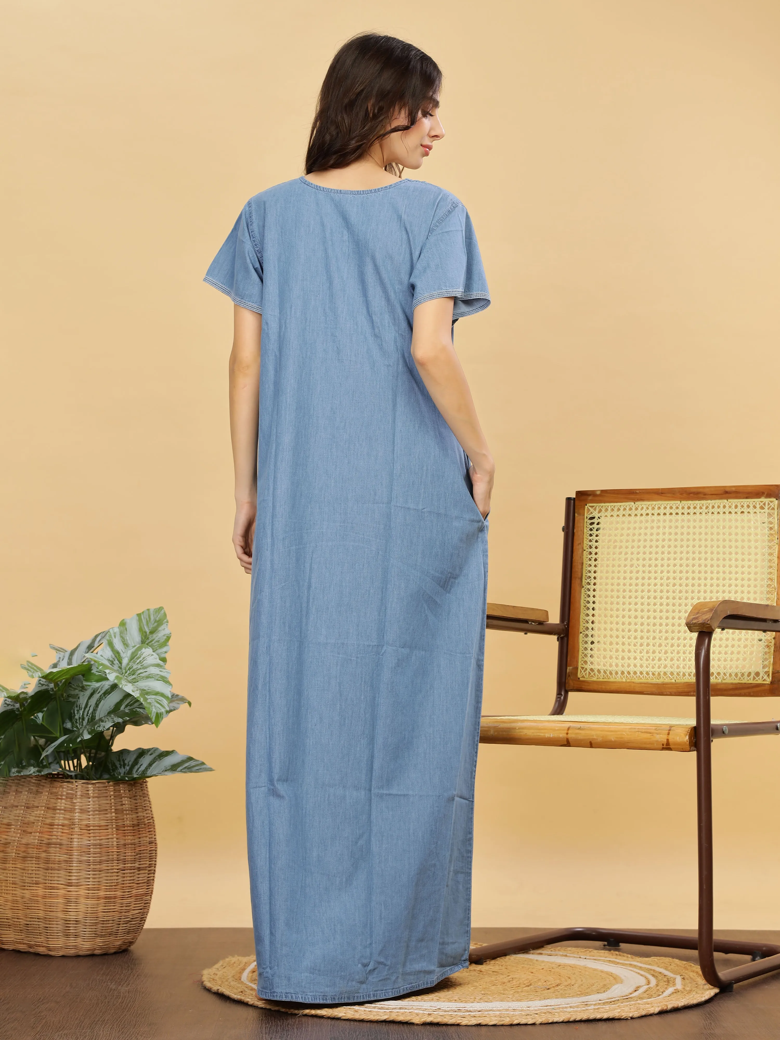 Intricate Embroidery Sky Blue Nighty - Luxurious Cotton Lounge Wear