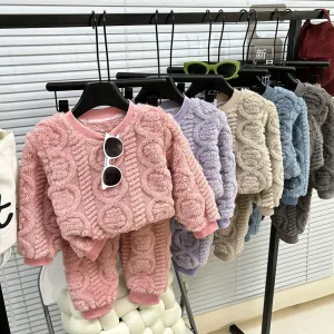 Korean Cozy Fleece Pajama Set – Solid Color Winter PJs for Kids