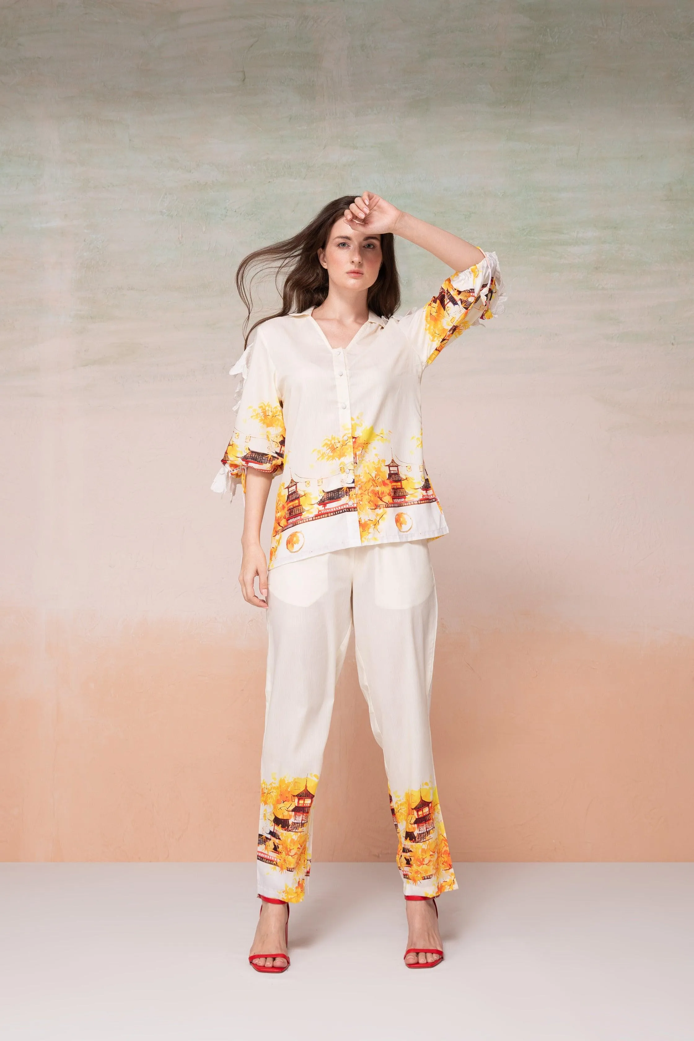 Lemon Yellow Cut Work Pyjama Set in Muslin Fabric for Women - Breathable Summer Loungewear