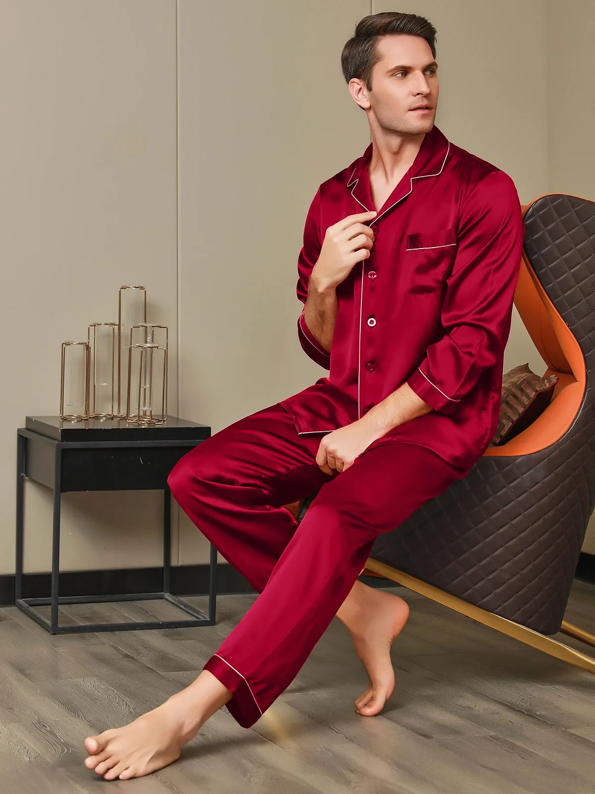 Luxurious Silk Men's Lapel Pajamas 2Pcs