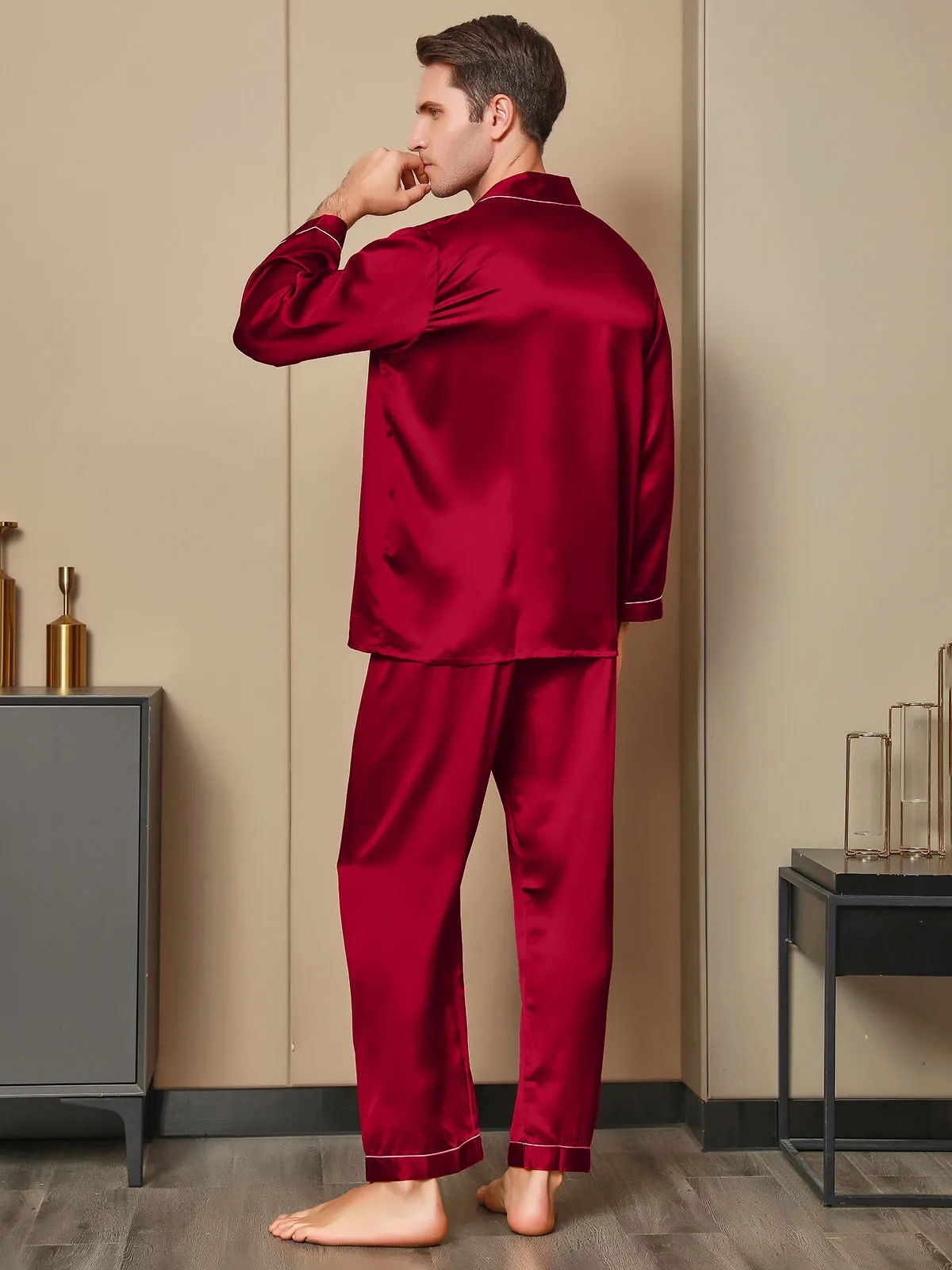 Luxurious Silk Men's Lapel Pajamas 2Pcs