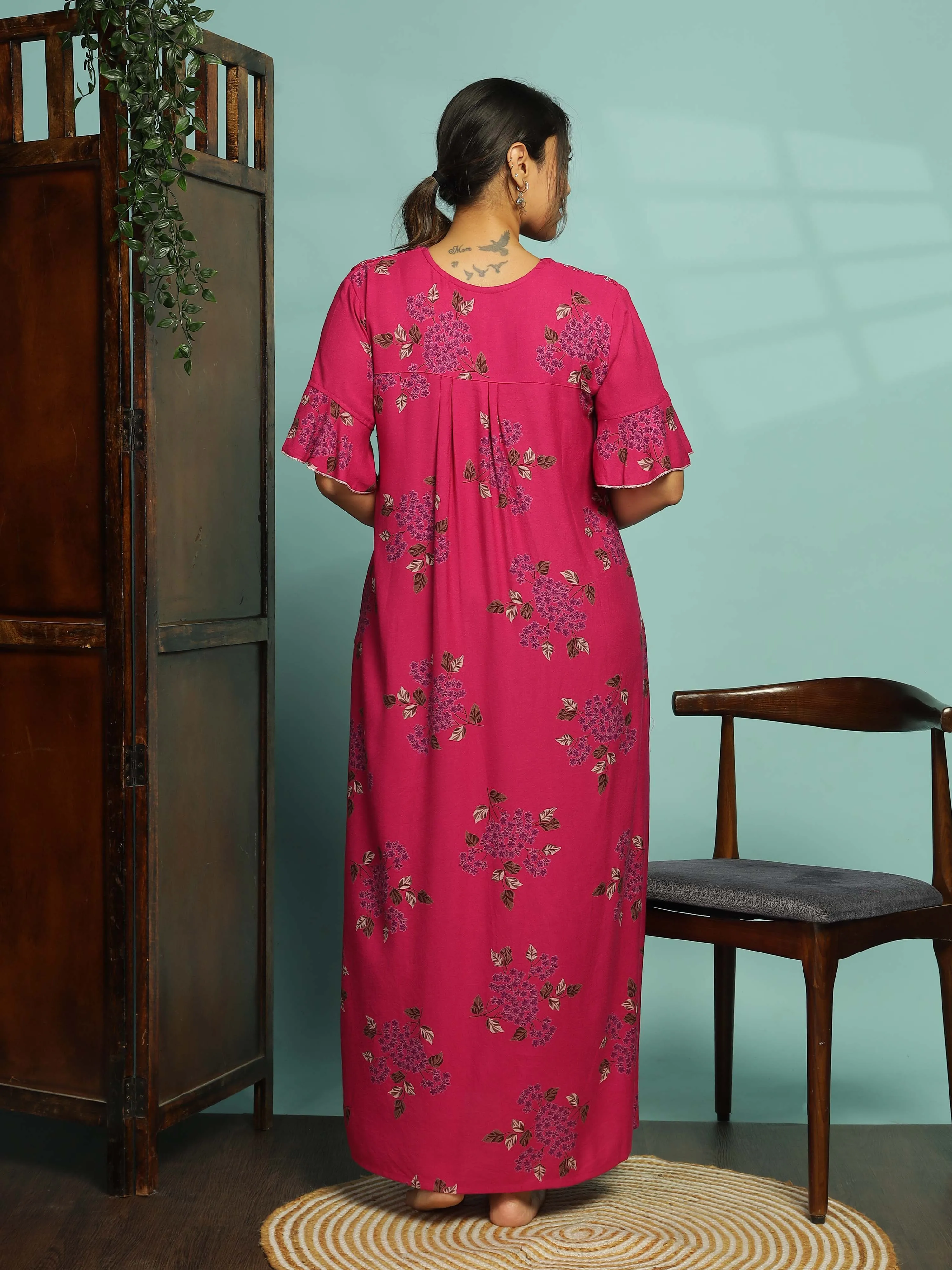 Magenta Designer Nighty for Women With Elegant Floral Maxi Gown