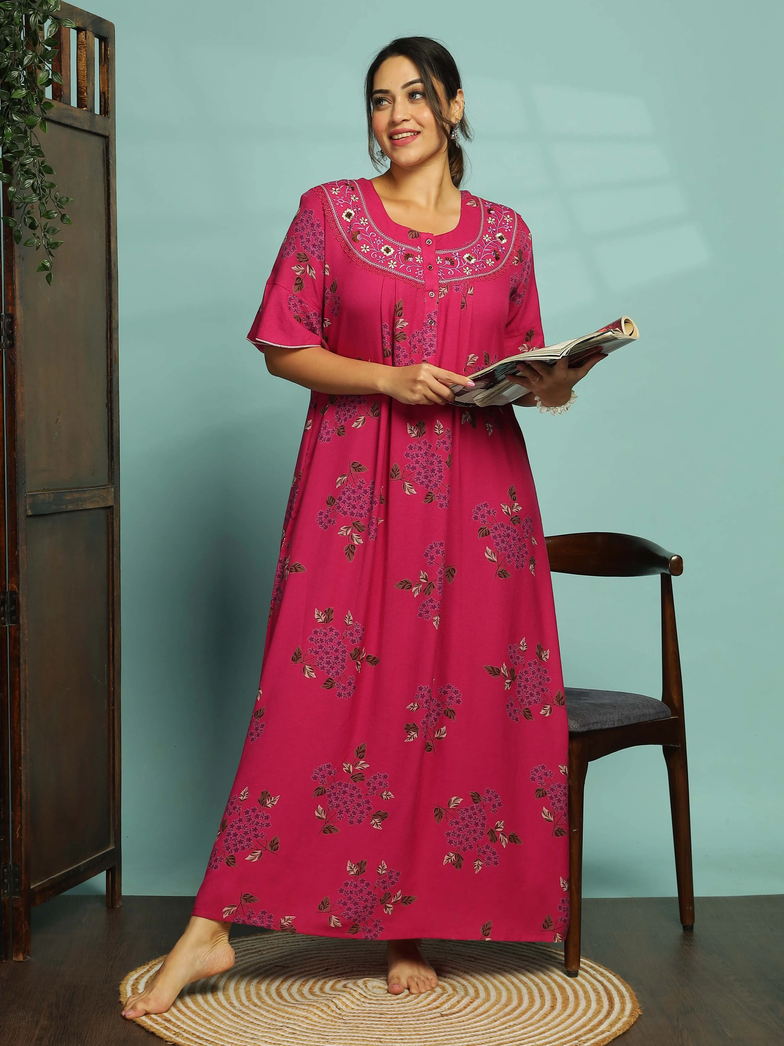 Magenta Designer Nighty for Women With Elegant Floral Maxi Gown